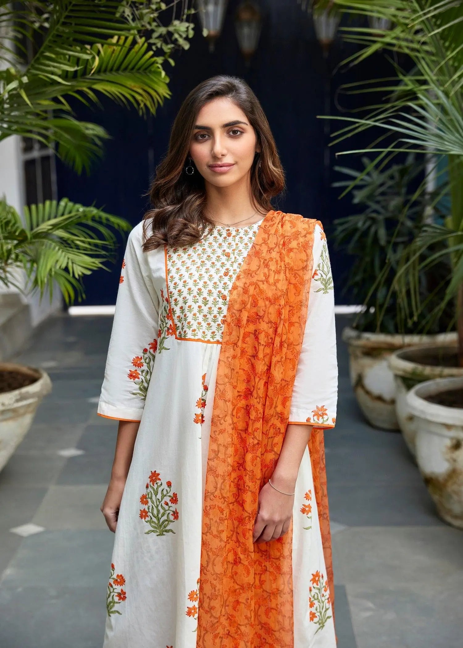 Falak White /Orange Cotton Suit Set