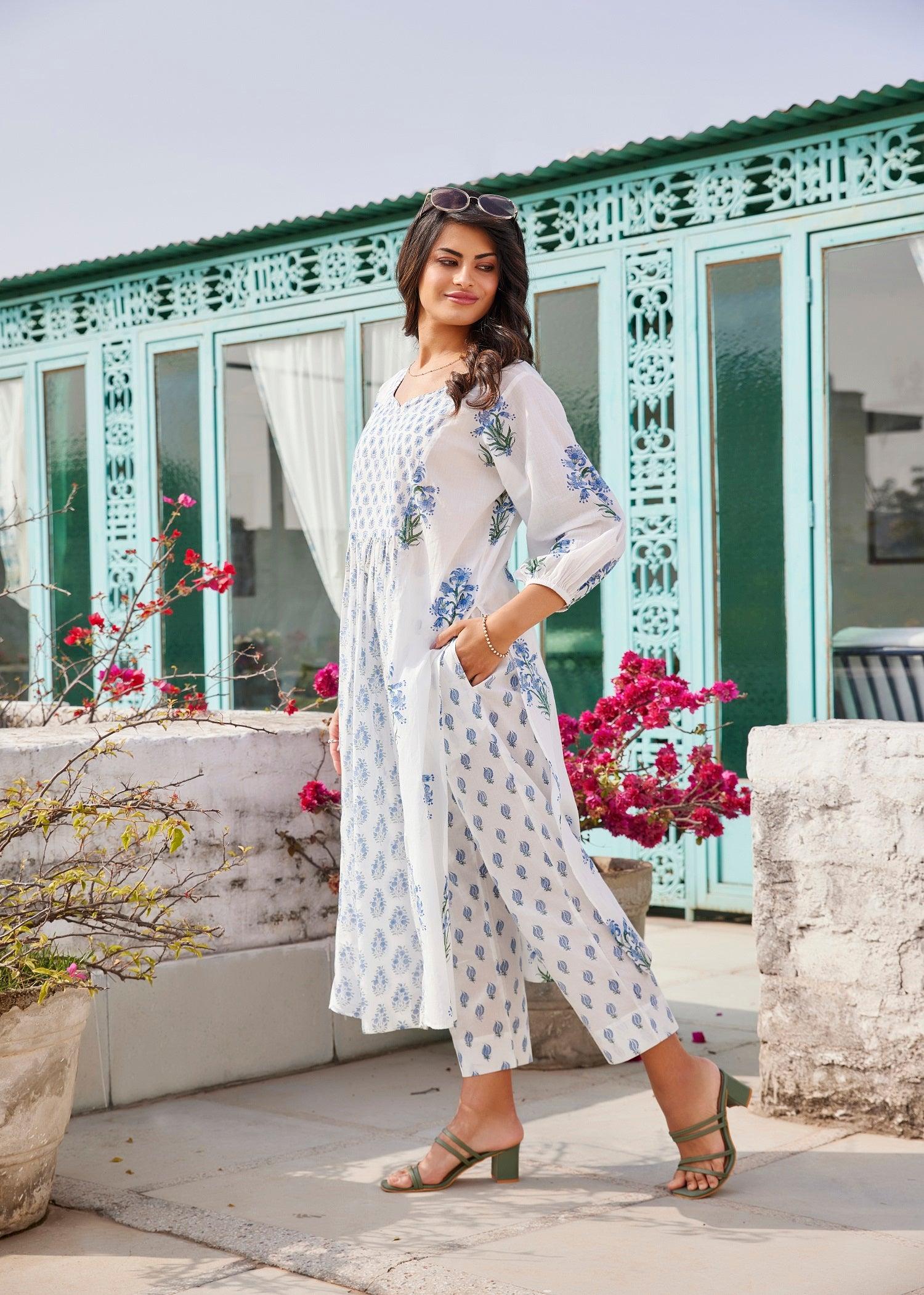 Kajri White/Blue Losse Fit Kurta