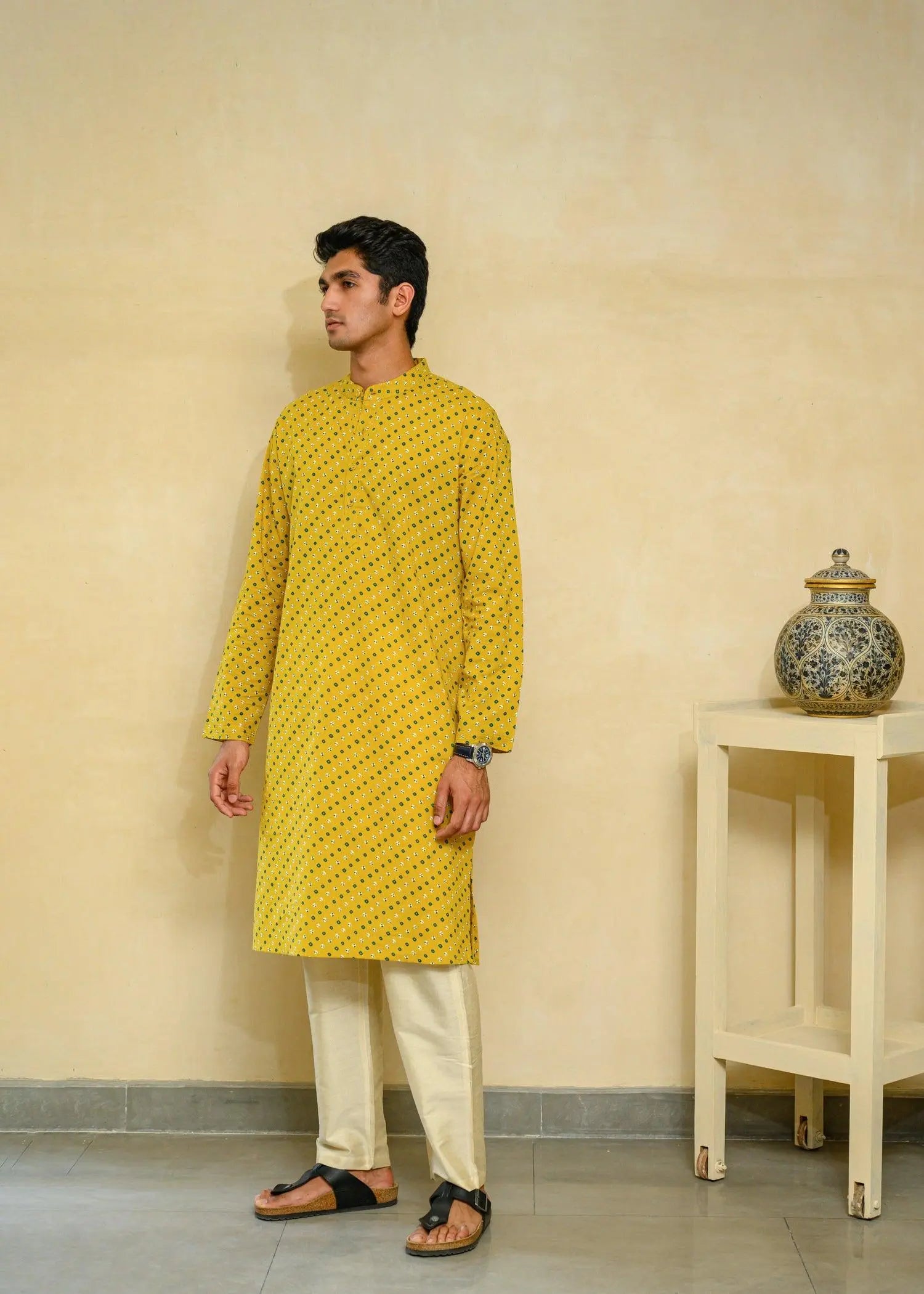 Yellow Regular Cotton Men's Long Kurta