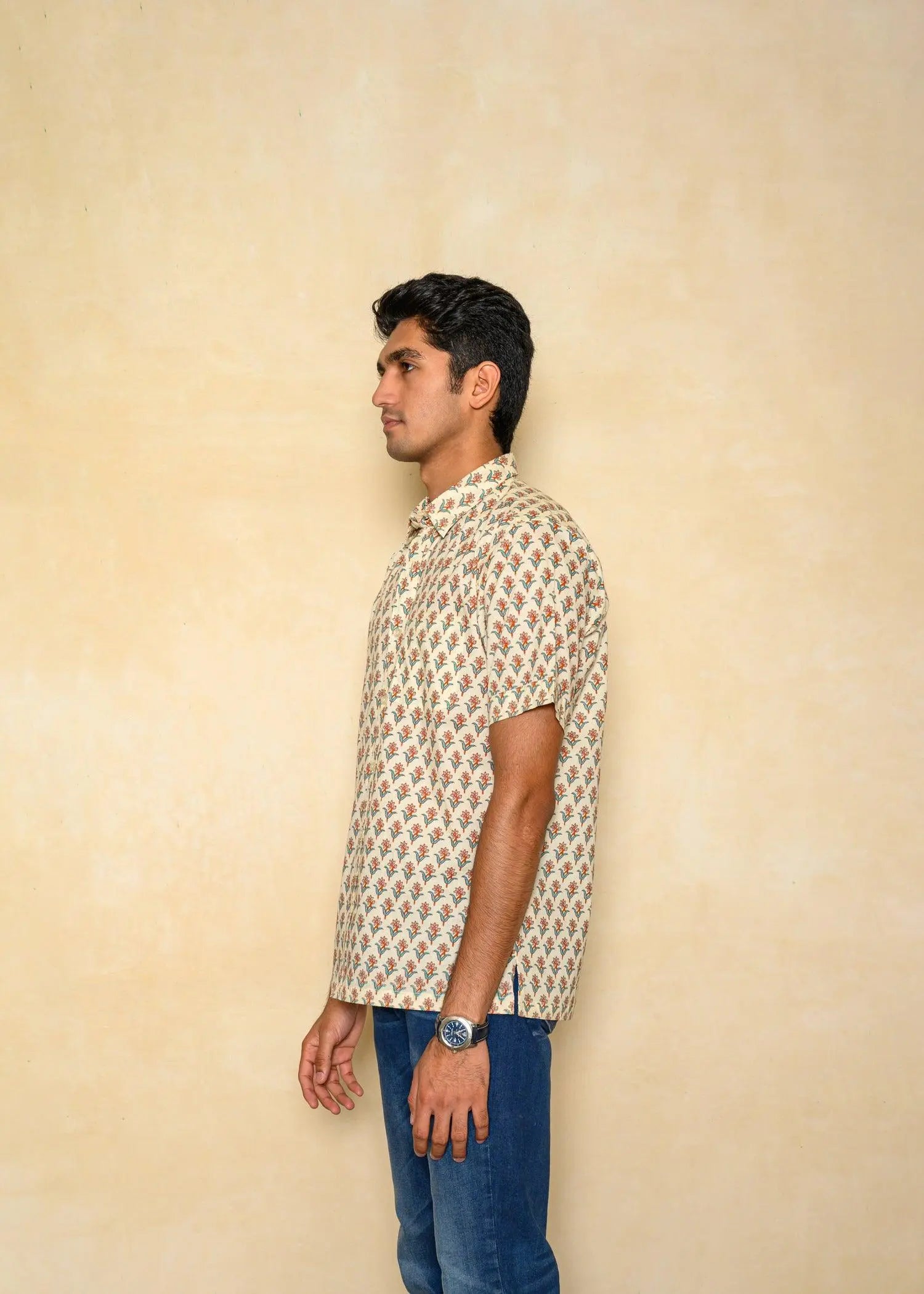 Cream Regular Cotton Half Sleeves Shirt