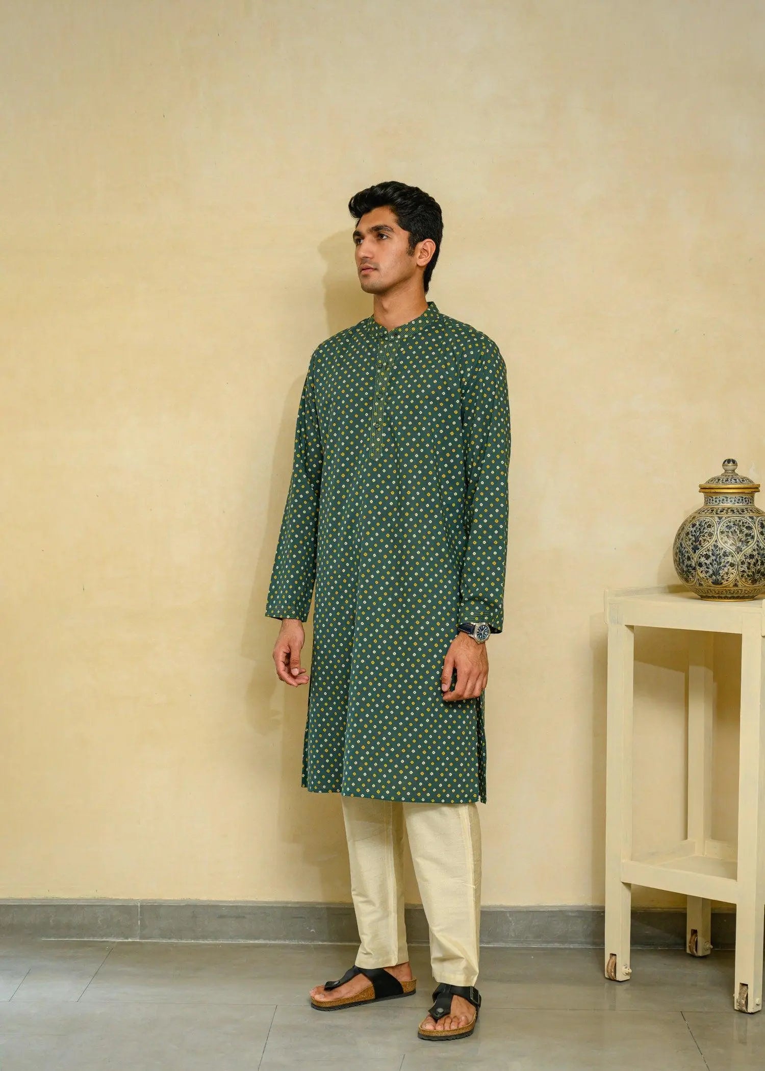 Green Regular Cotton Men's Long Kurta