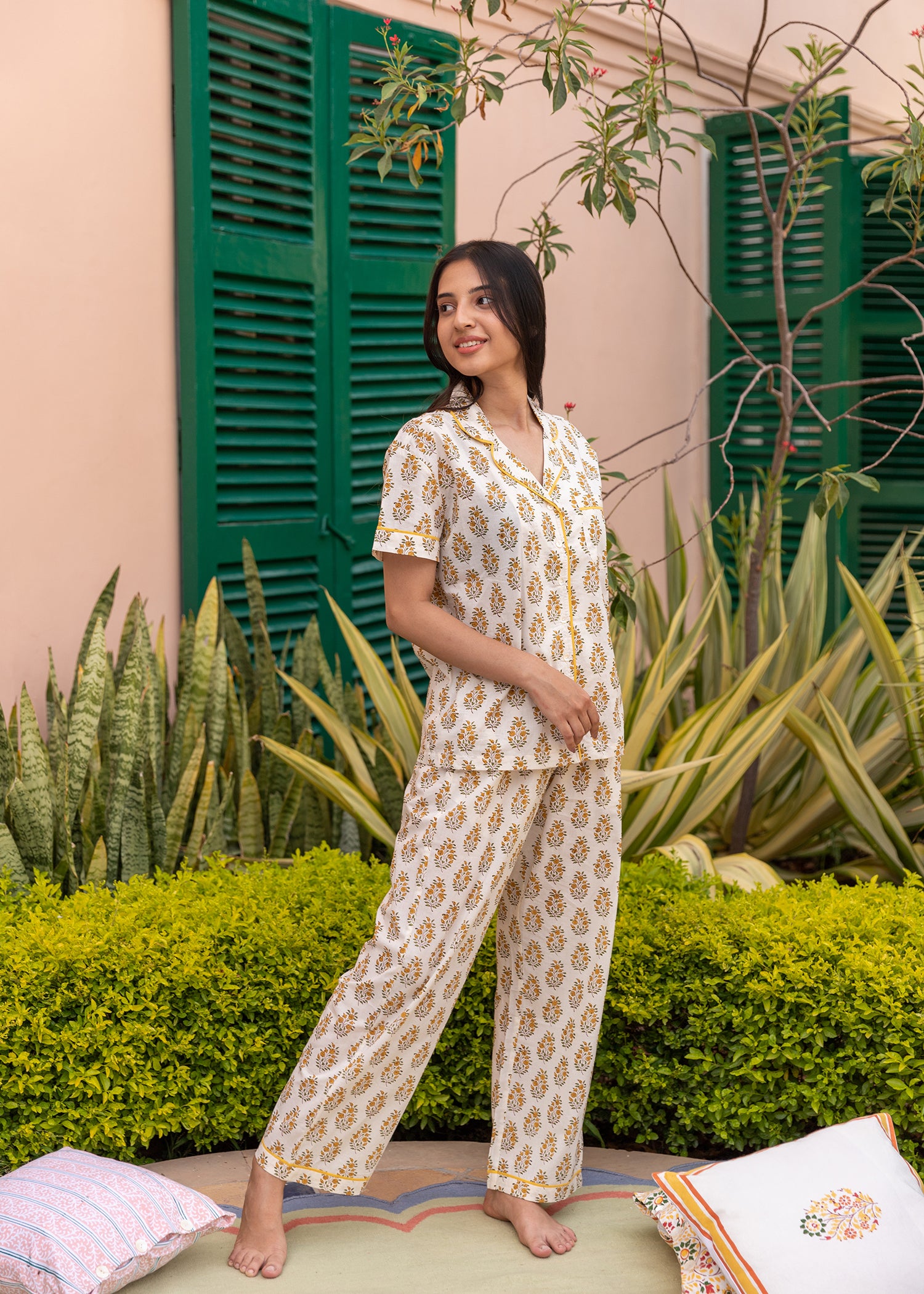 Cream & Mustard Regular Cotton Night Suit Set