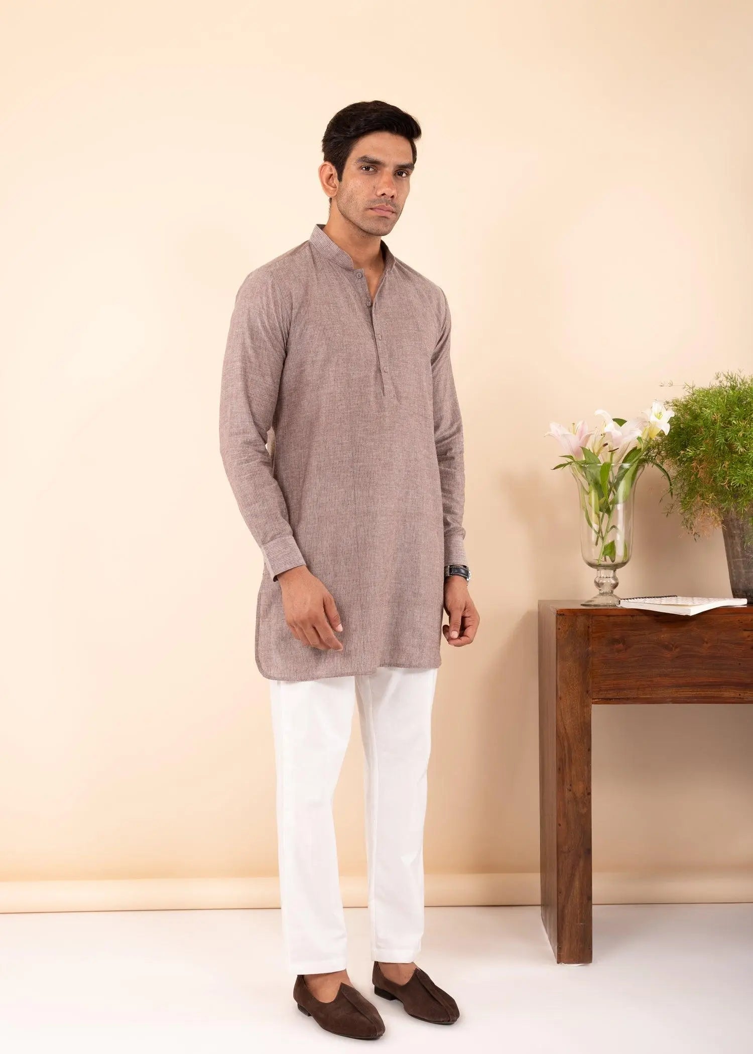 Dark Beige Regular Woven Cotton Men's Short Kurta