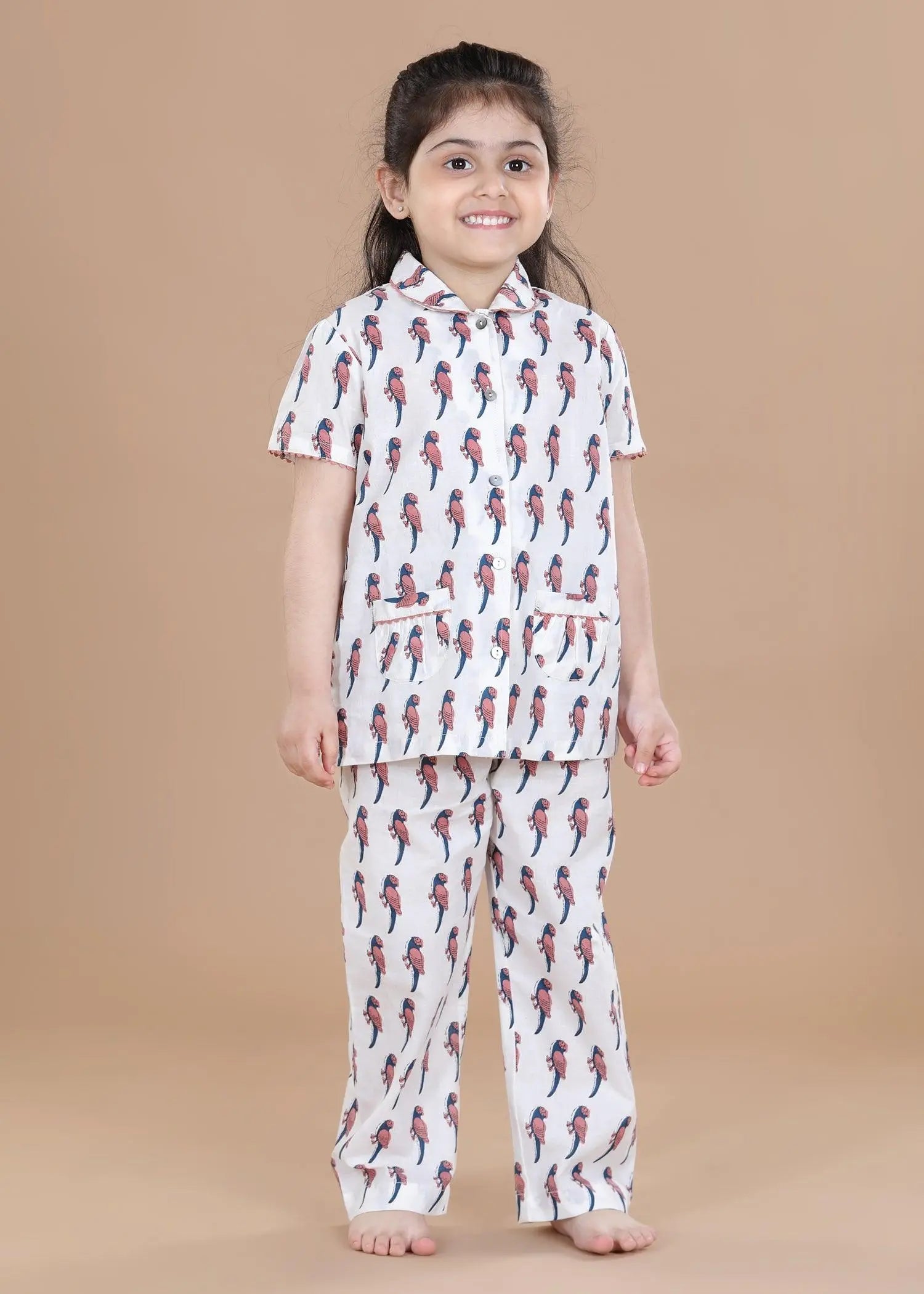 Tota Cream Half Sleeves Cotton Nighsuit Girl (1-12 Years)