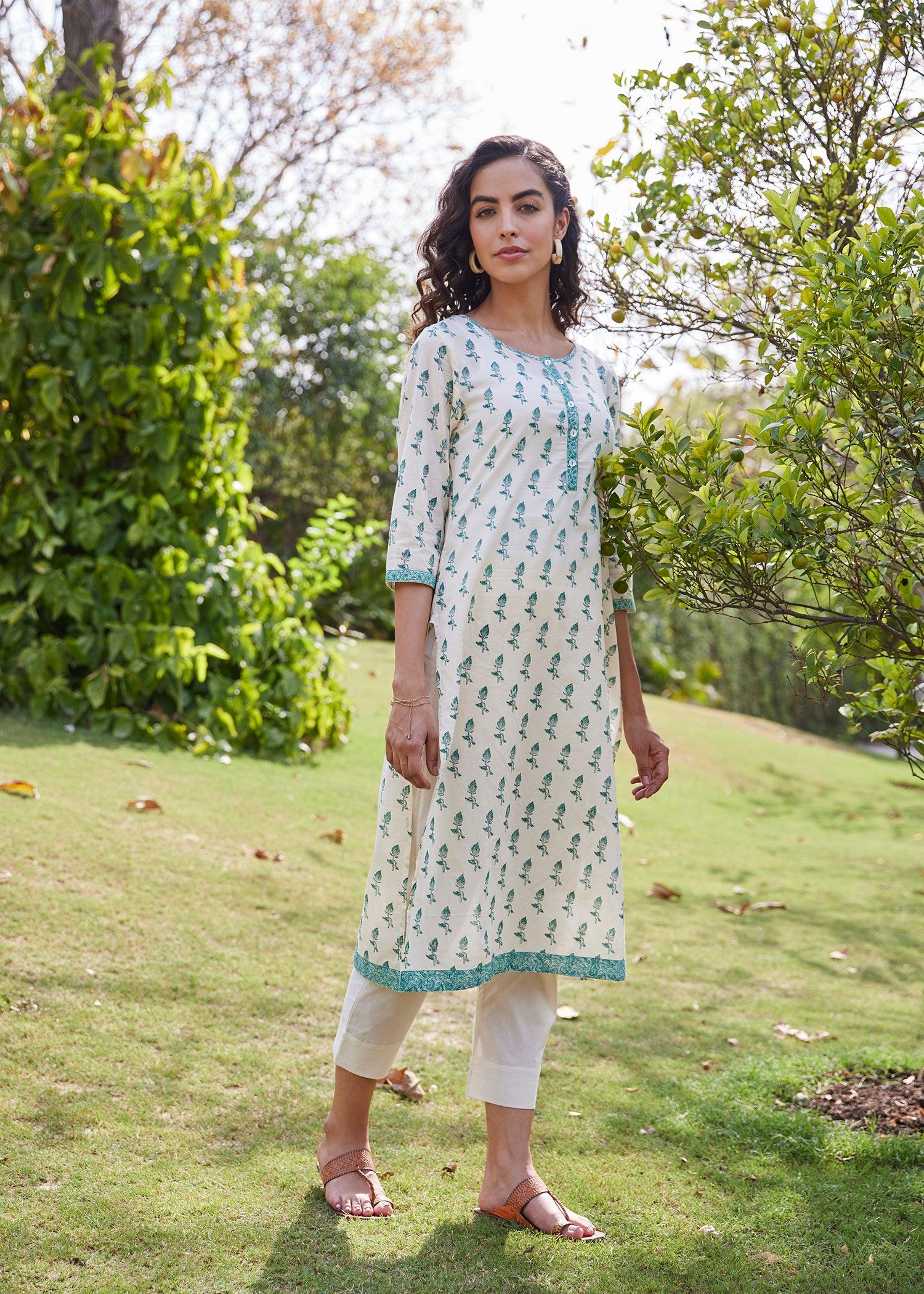 Cream & Green Straight Cotton Long Kurta