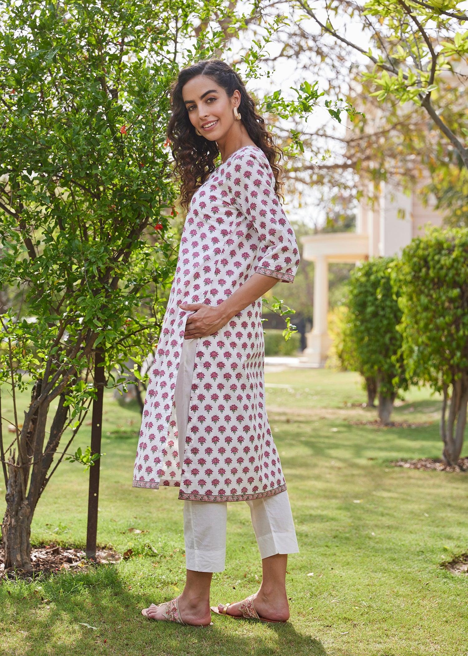 White & Pink Straight Cotton Long Kurta