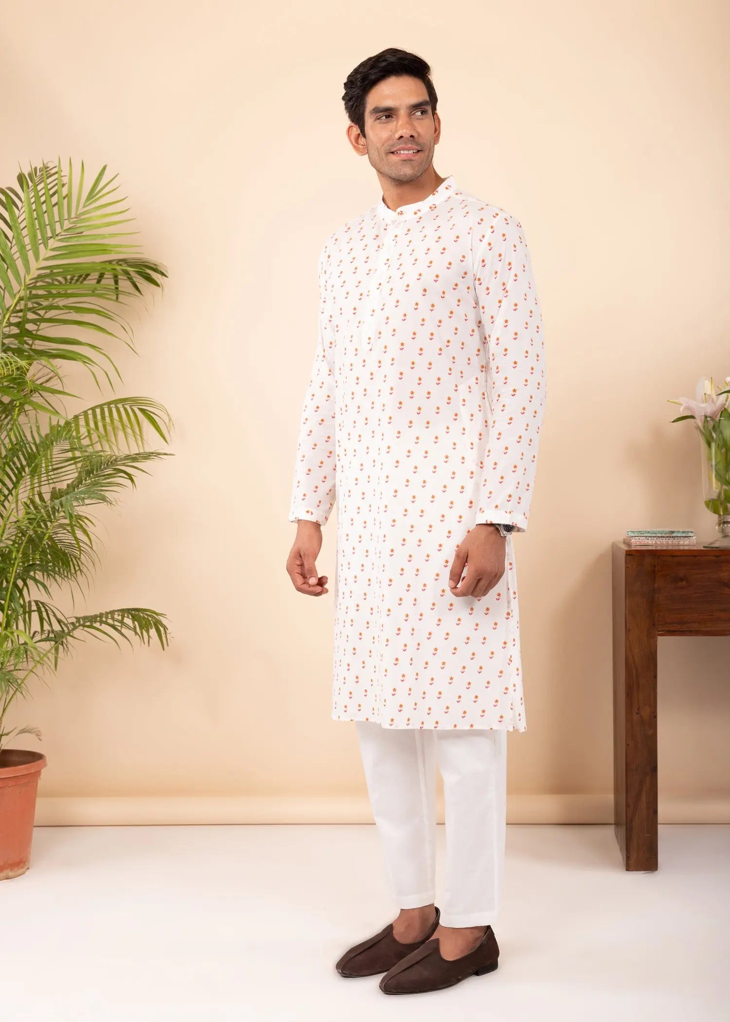 Cream & Rust Regular Cotton Full Sleeve Chinese Collar Long Kurta