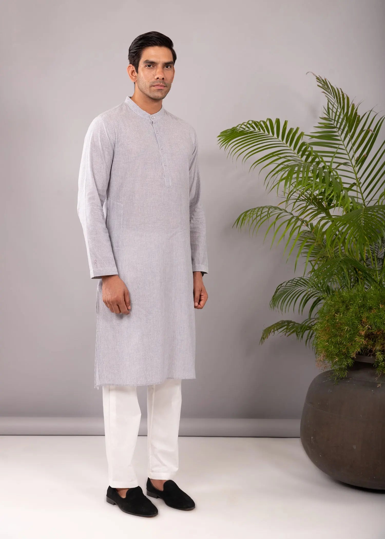 White & Light Blue Regular Woven Cotton Full Sleeve Chinese Collar Long Kurta