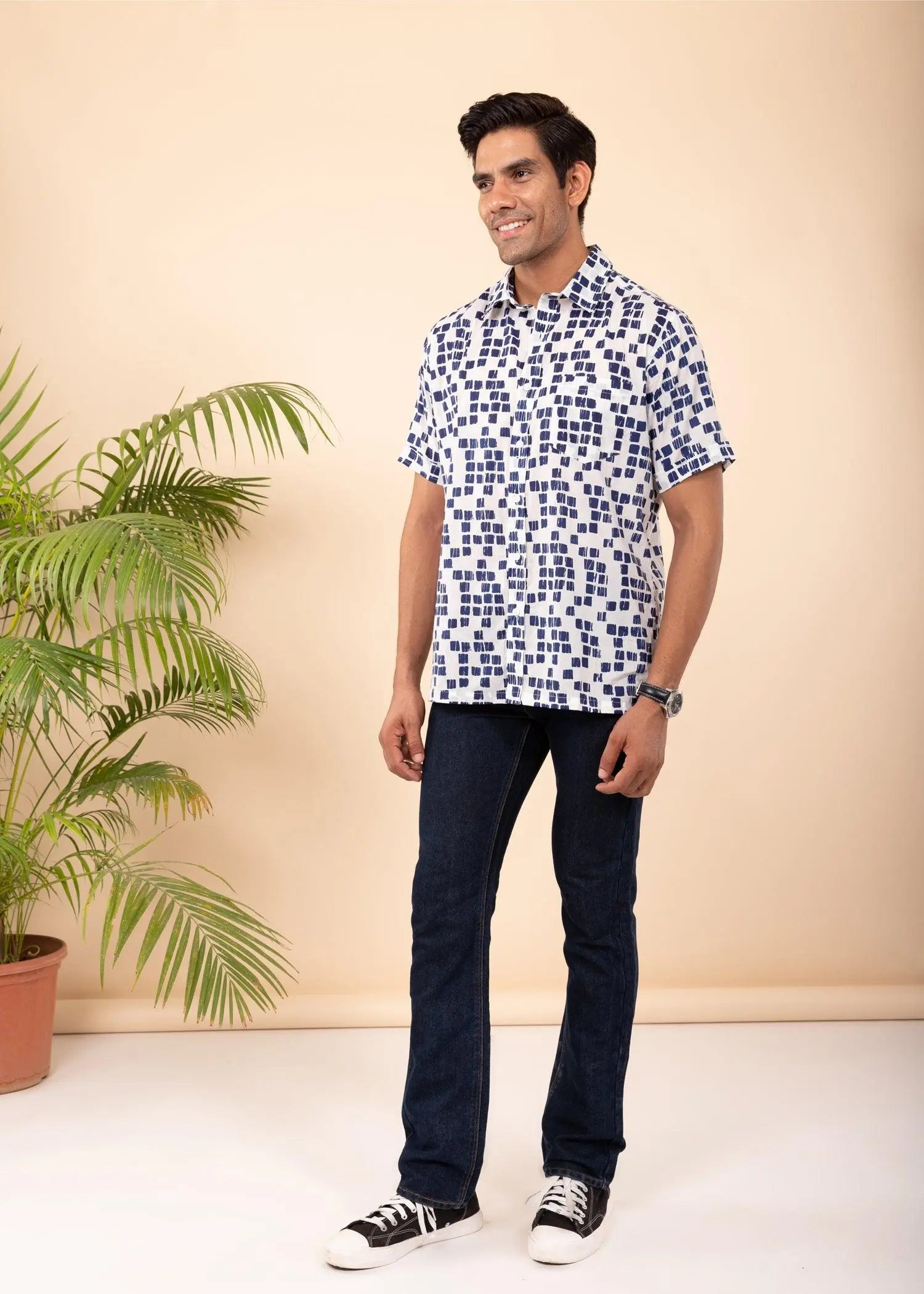 White & Navy Regular Cotton Half Sleeves Shirt