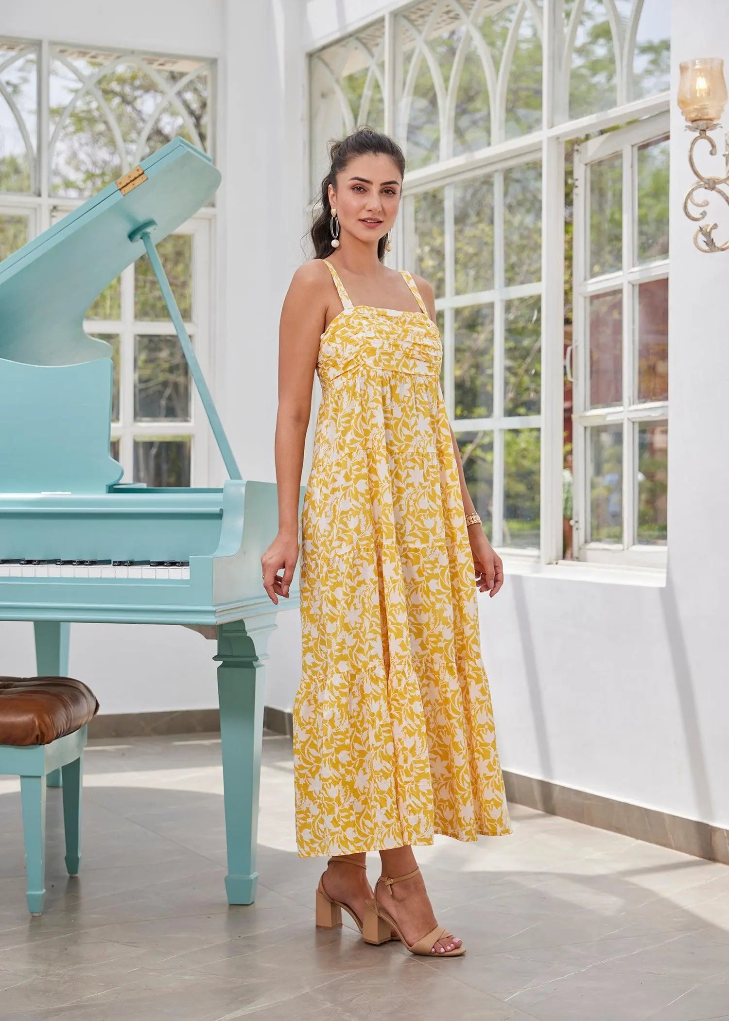 Mimosa Yellow Semi Flared Cotton Square Neck Maxi Dress