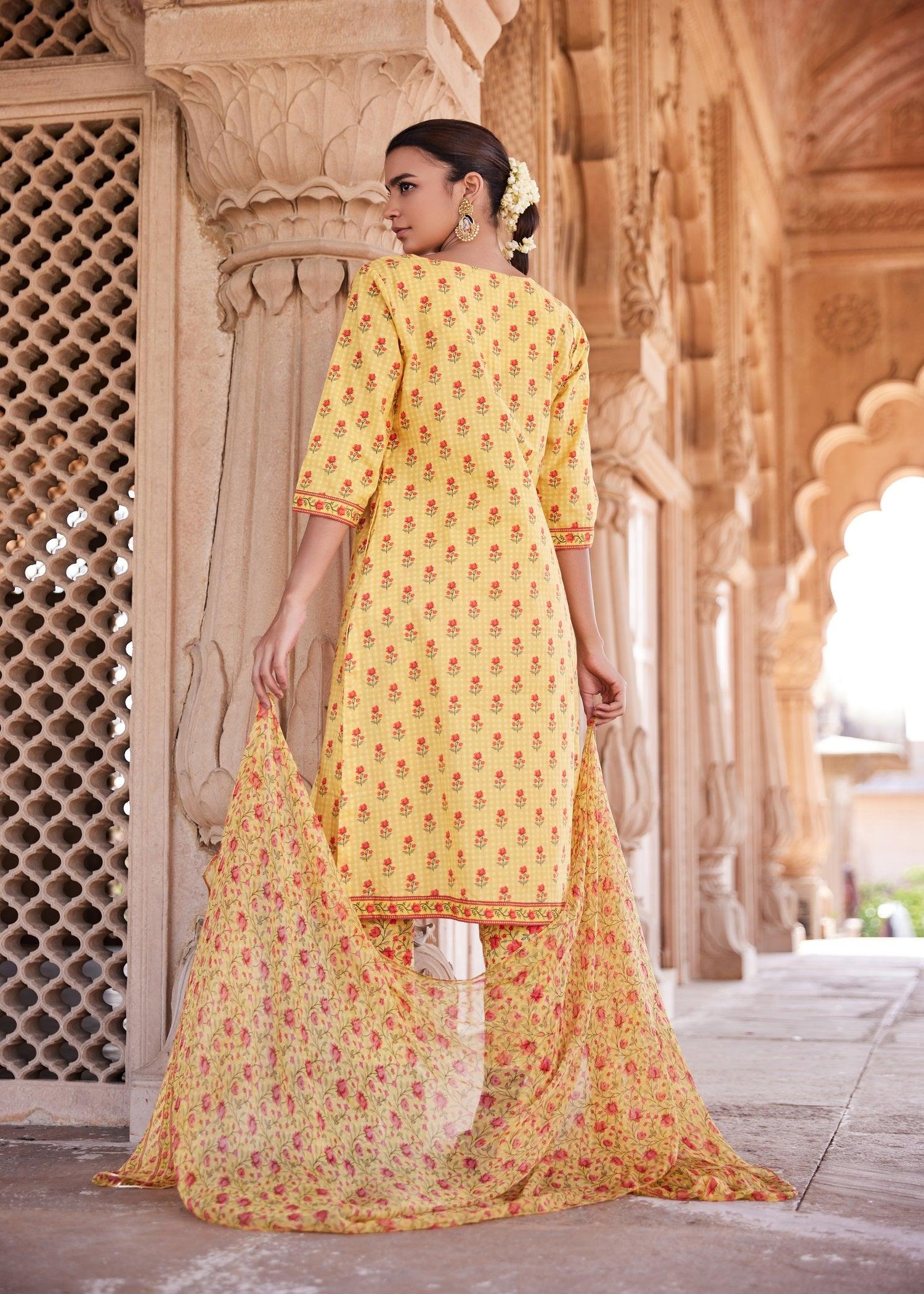 Rangrez Yellow Color Calf Length Classic Long  Cotton Kurta