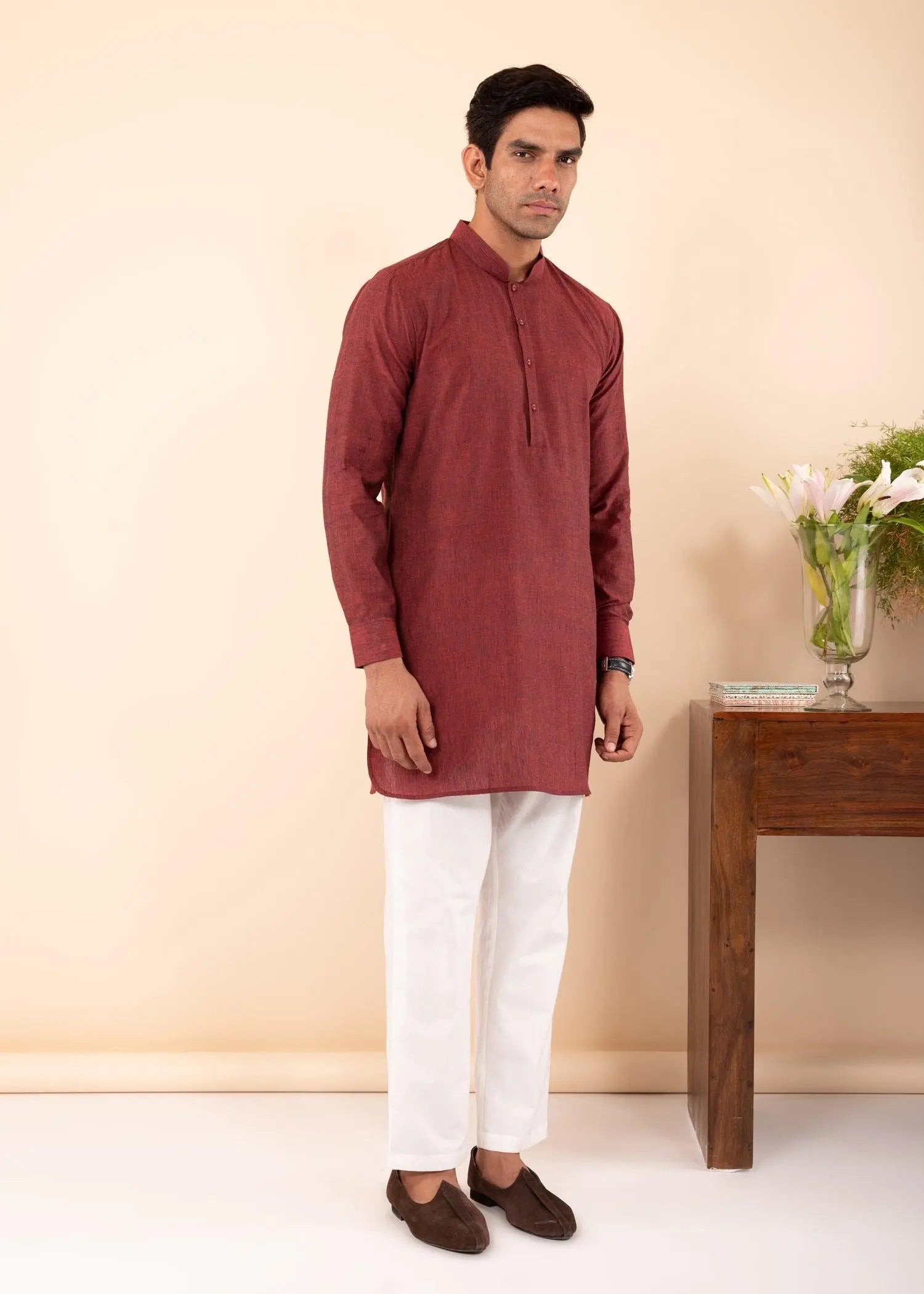 Rust Red Regular Woven Cotton Men's Short Kurta