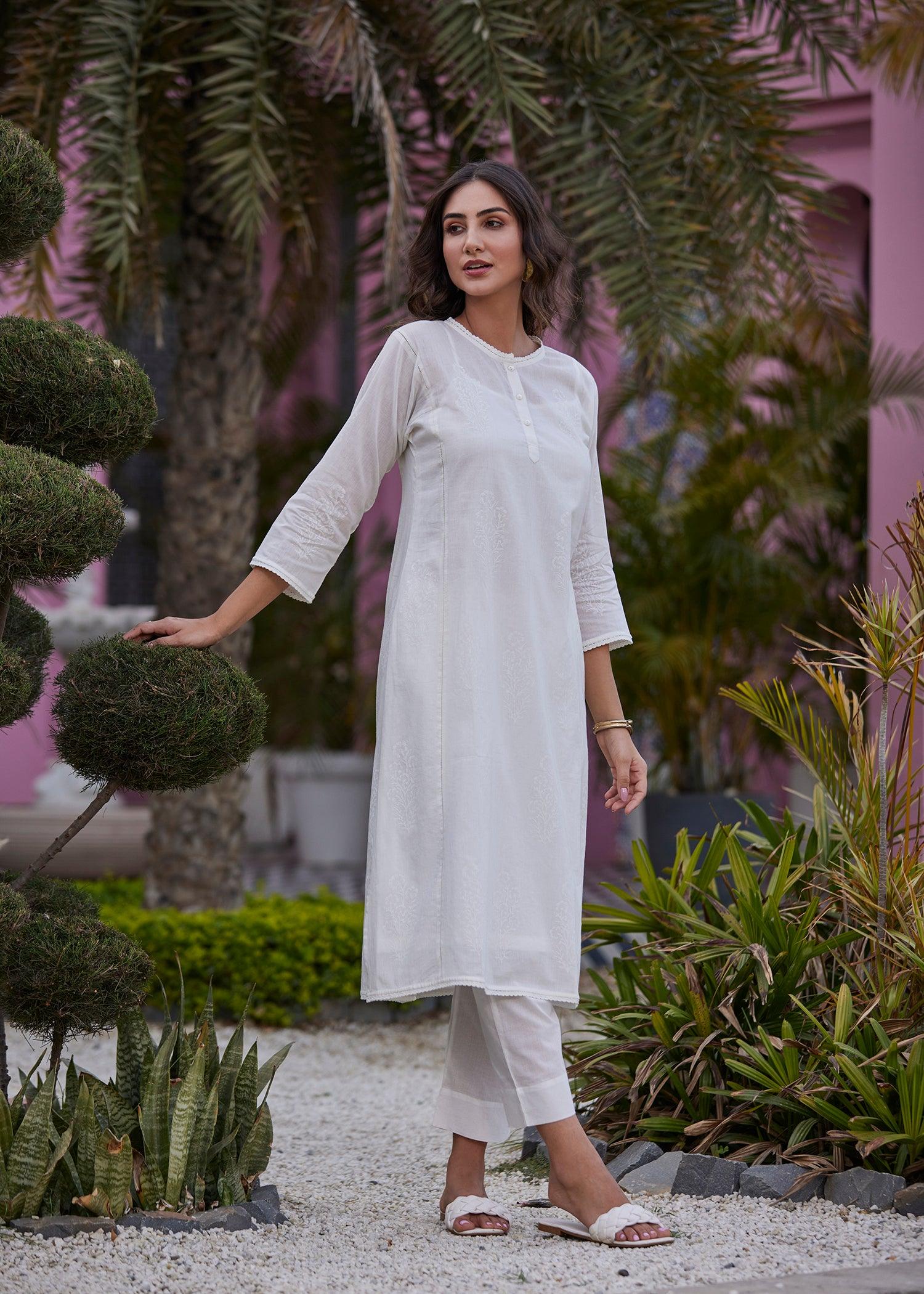 Off White A Line Voile Chikankari Long Kurta