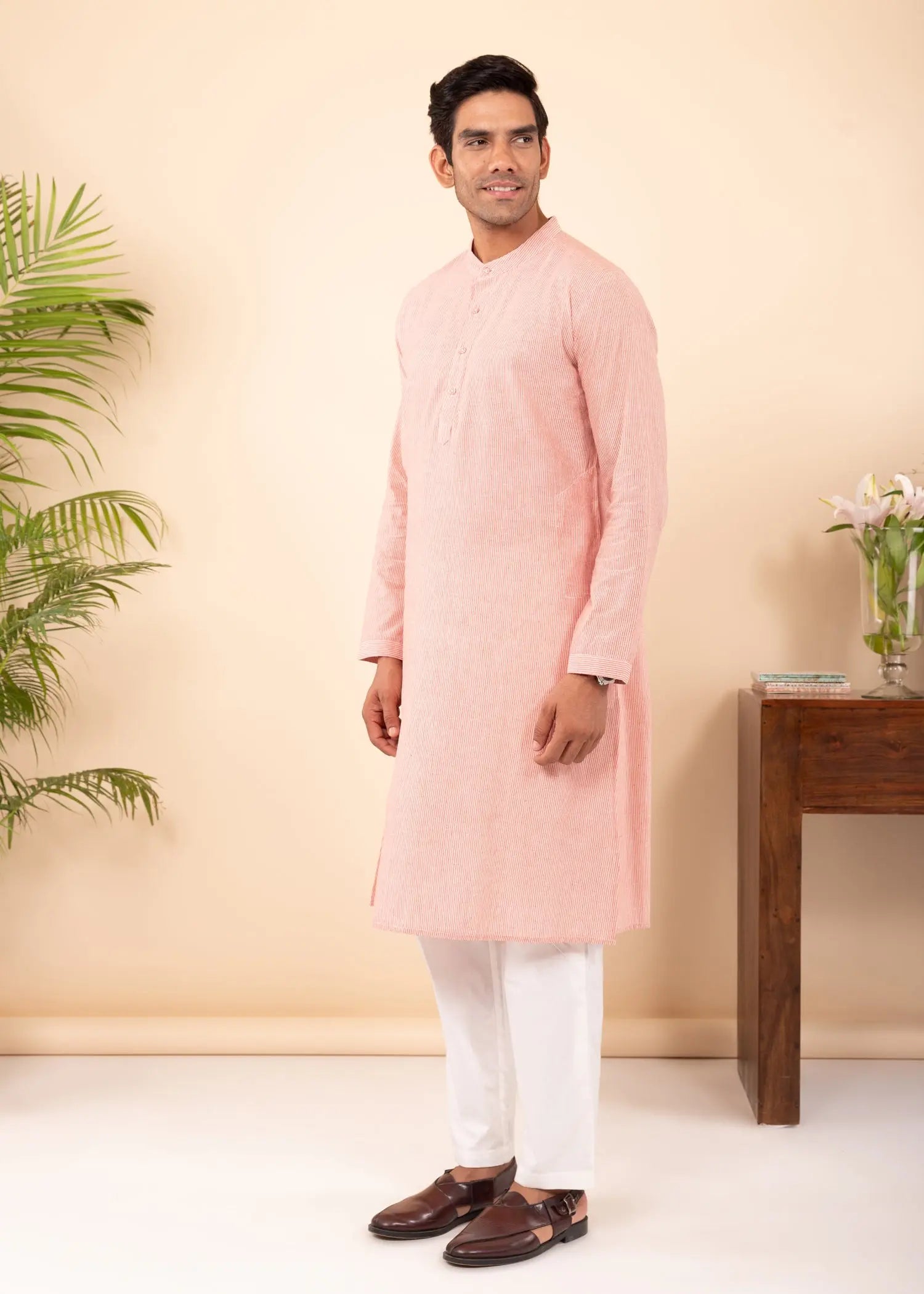 Pink Regular Woven Cotton Full Sleeve Chinese Collar Long Kurta