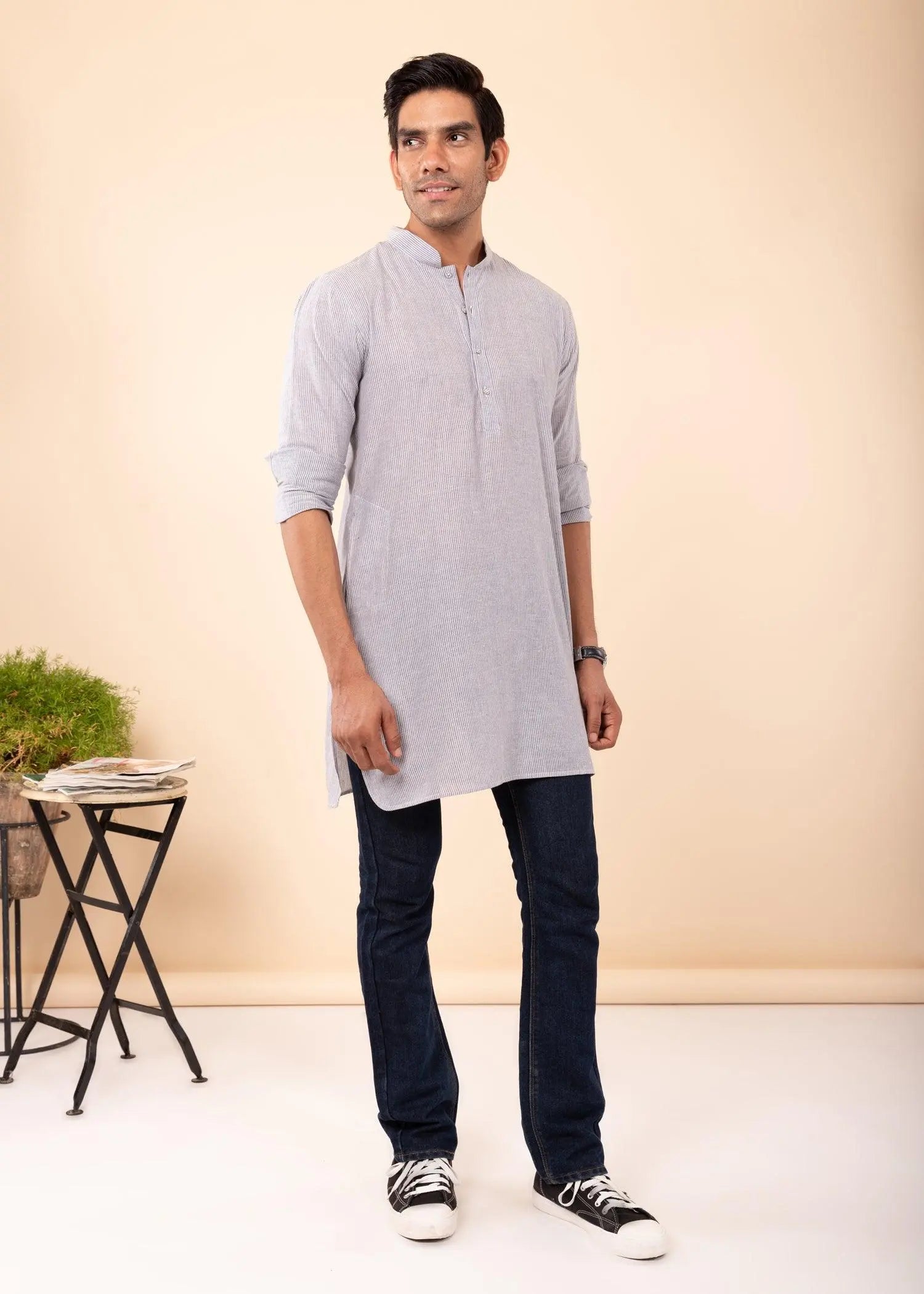 Light Blue Regular Woven Cotton Men's Short Kurta