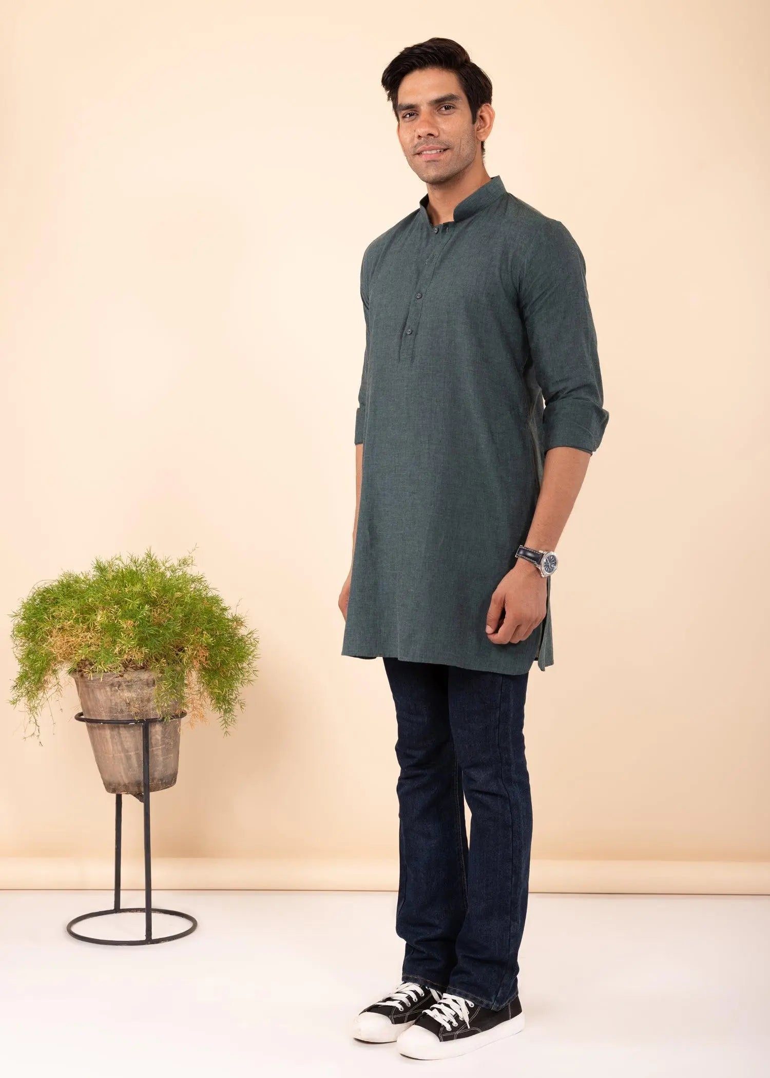 Trekking Green Regular Woven Cotton Men's Short Kurta