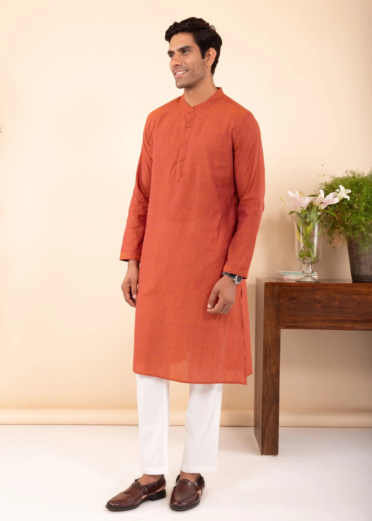 Orange Regular Woven Cotton Full Sleeve Chinese Collar Long Kurta