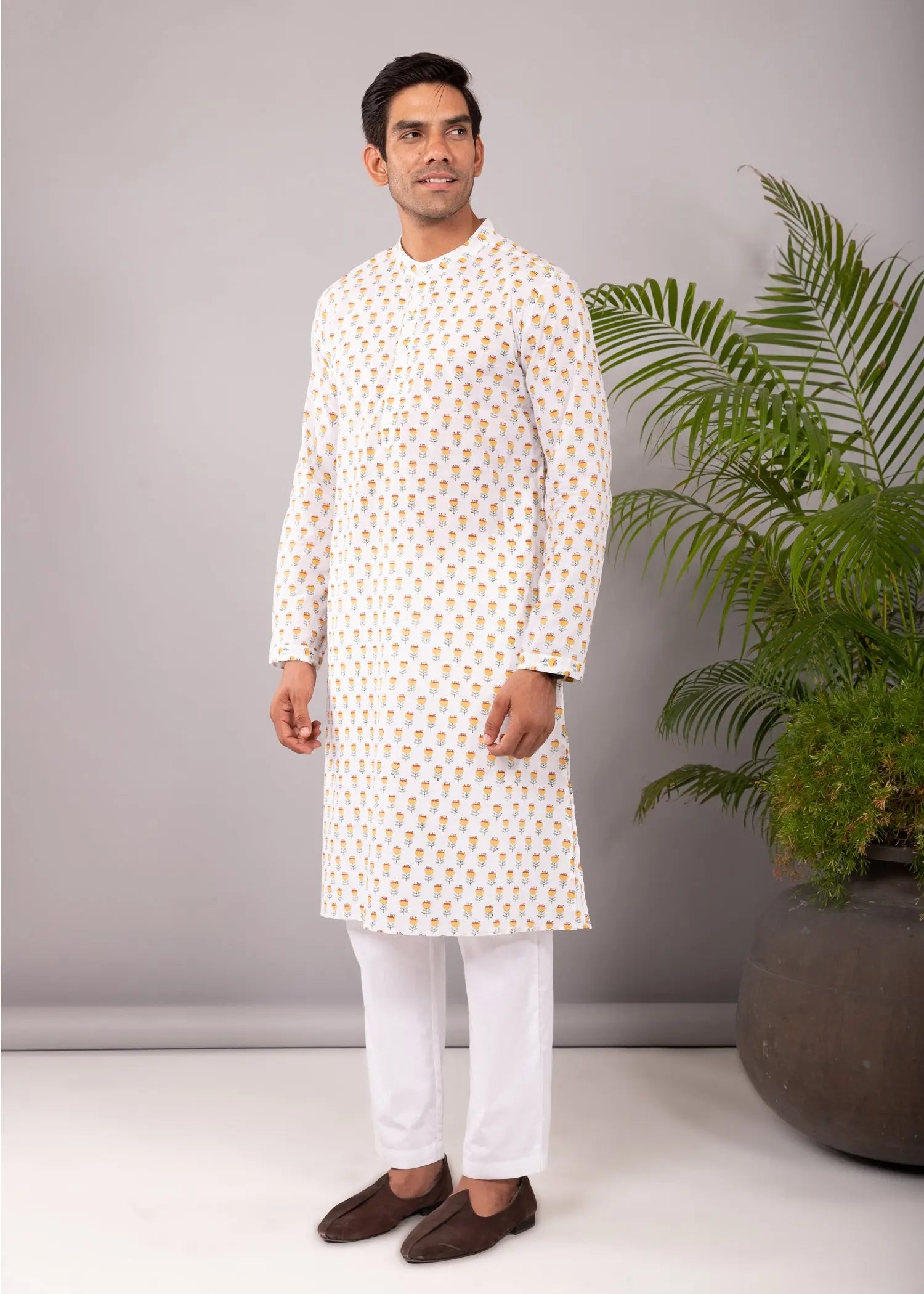 Yellow Regular Cotton Full Sleeve Chinese Collar Long Kurta