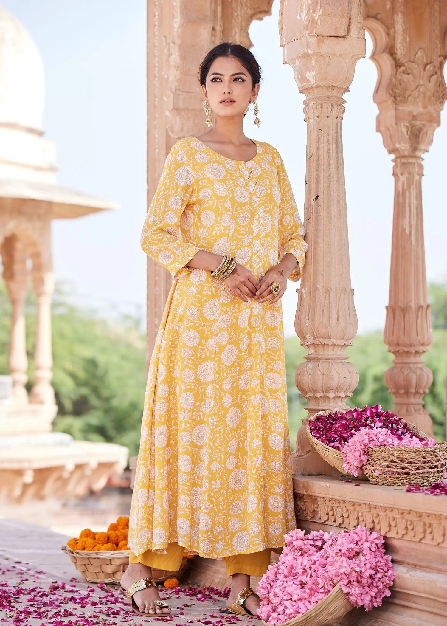 Yellow Flared Viscose Kurta