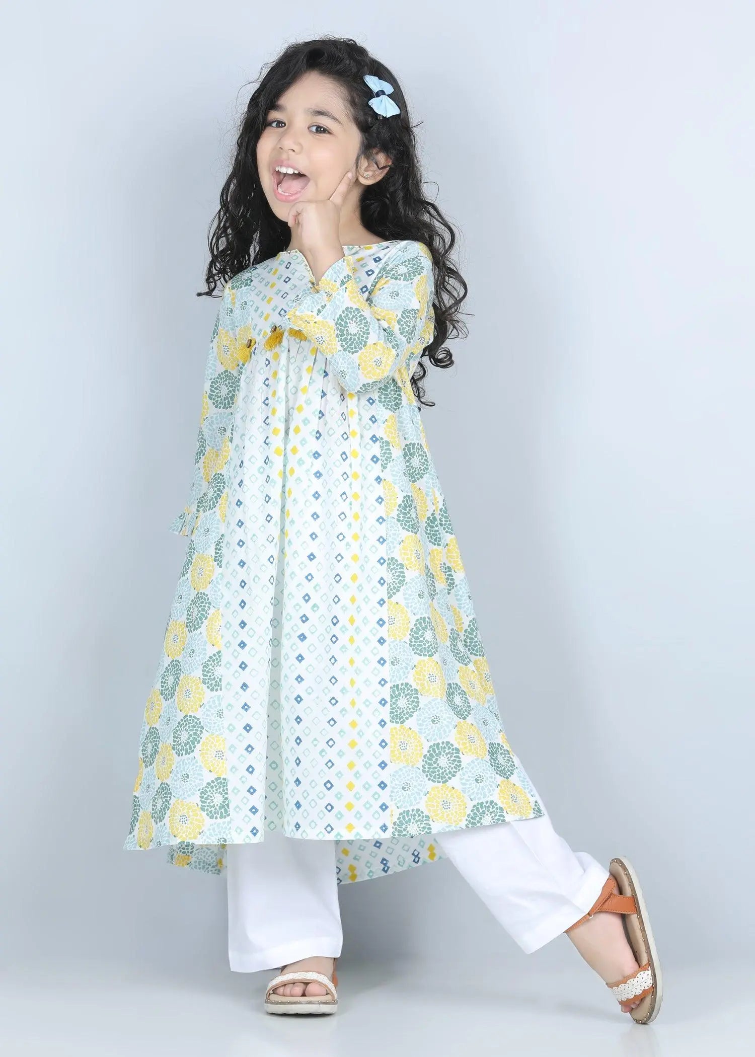 Diamond/Floral Blue Cotton Vanya Kurta Girls (2-14 Yrs)