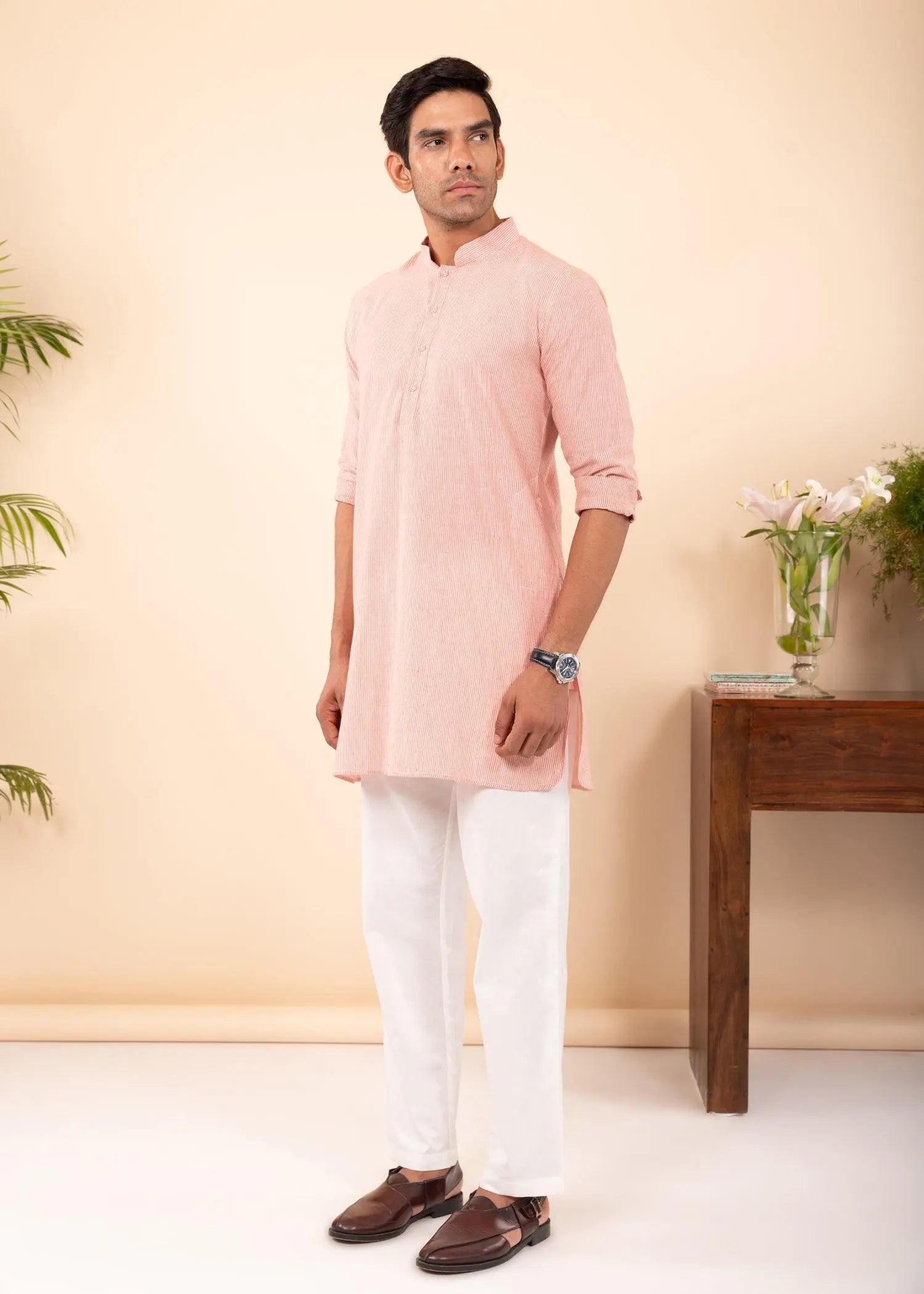 Pink Regular Woven Cotton Men's Short Kurta