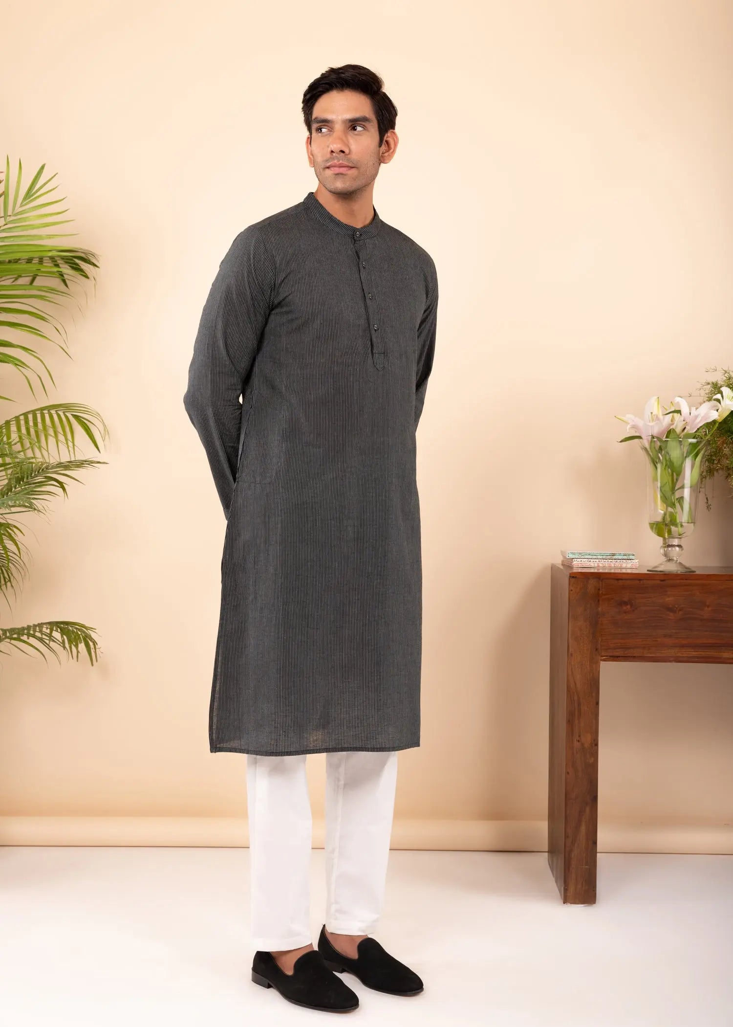 Black Regular Woven Cotton Full Sleeve Chinese Collar Long Kurta