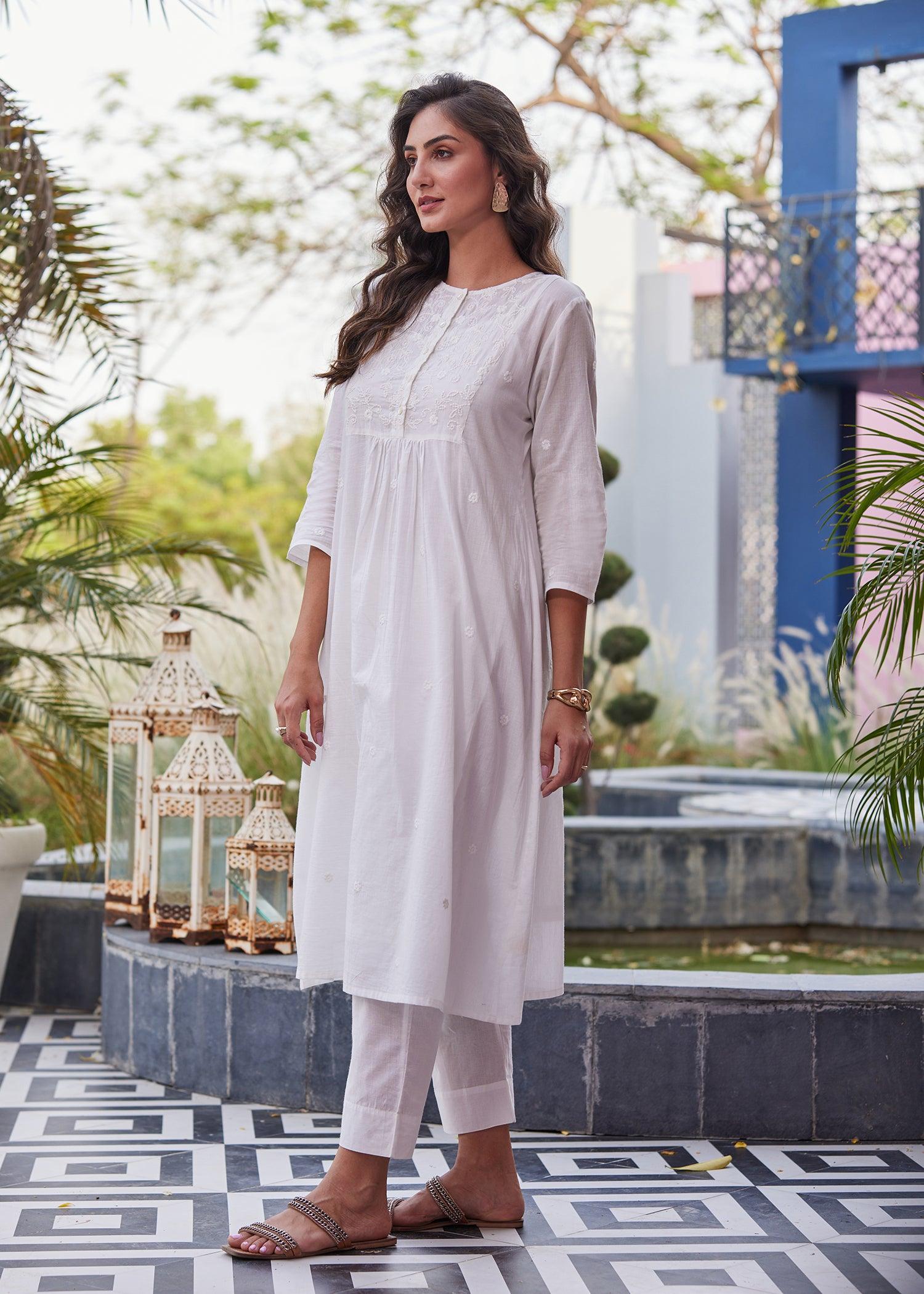 Off White Semi Flared Voile Long Kurta