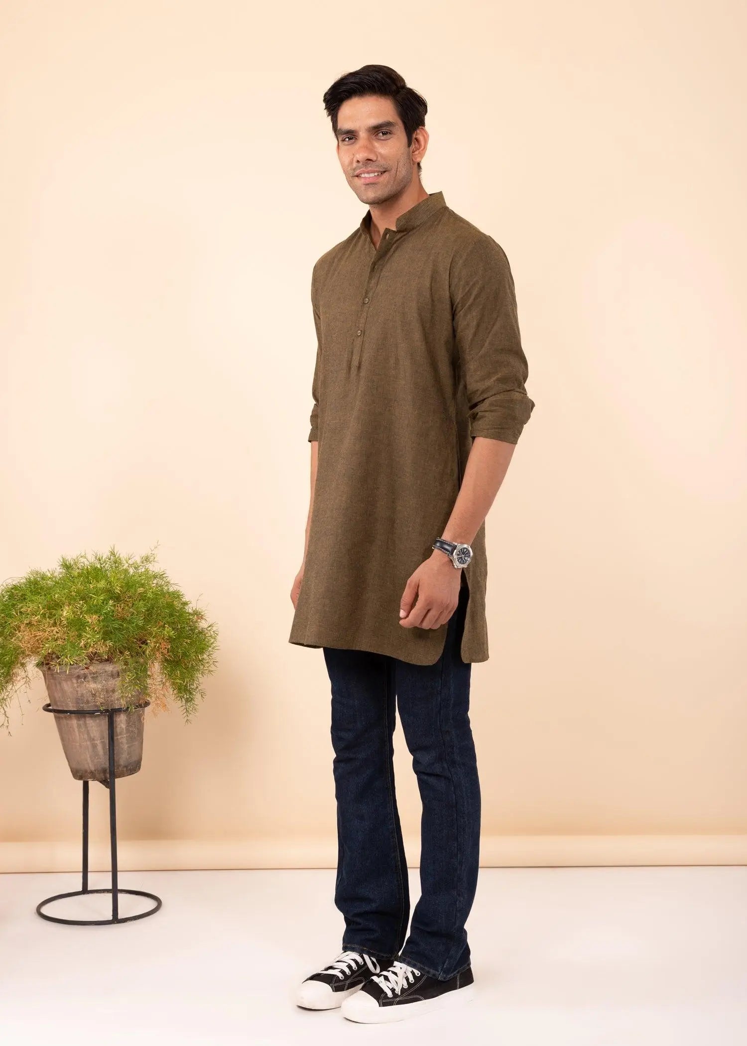 Olive Green Regular Woven Cotton Men's Short Kurta