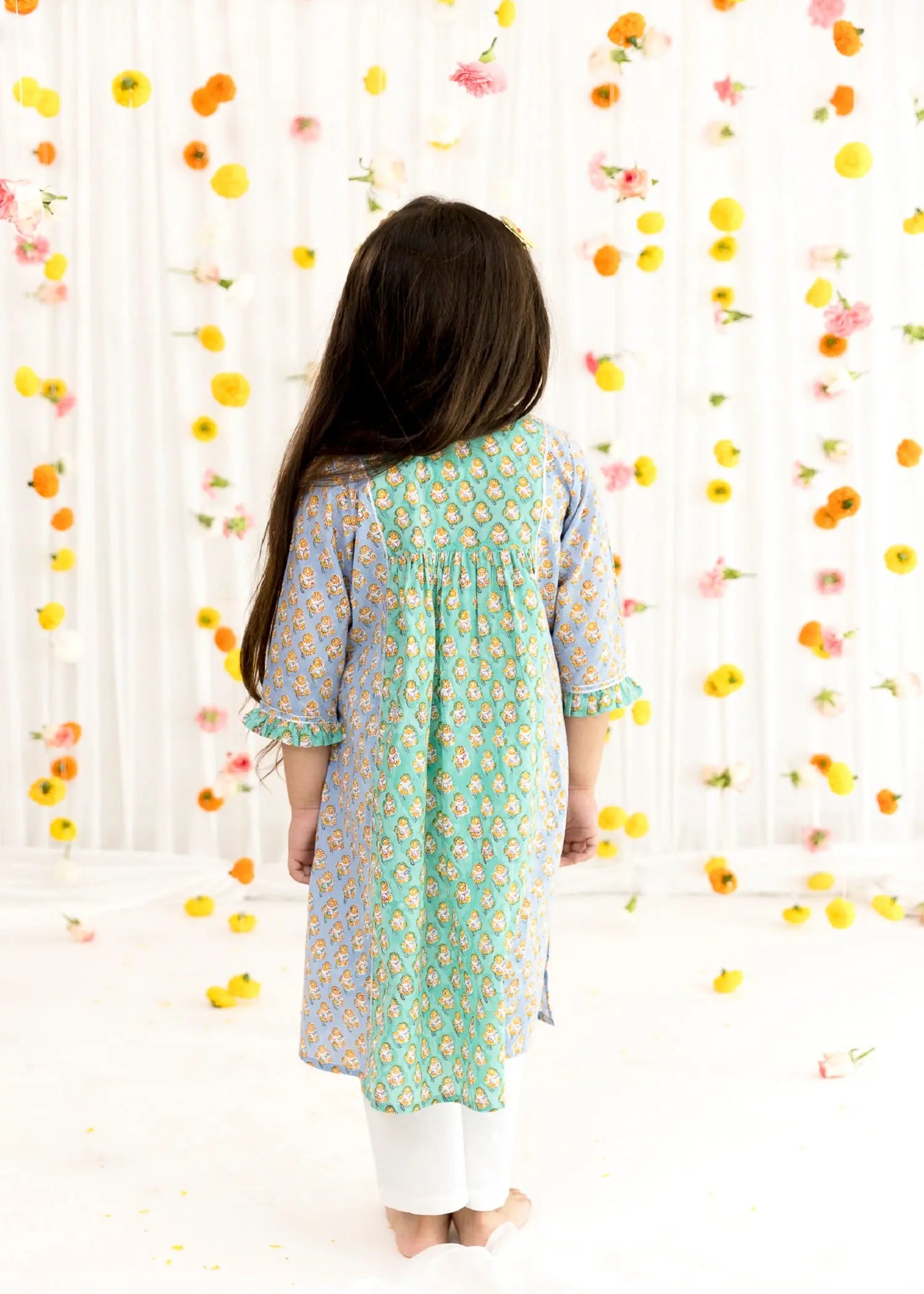 Green/Blue Cotton Vanya Kurta Girls (2-14 Yrs)