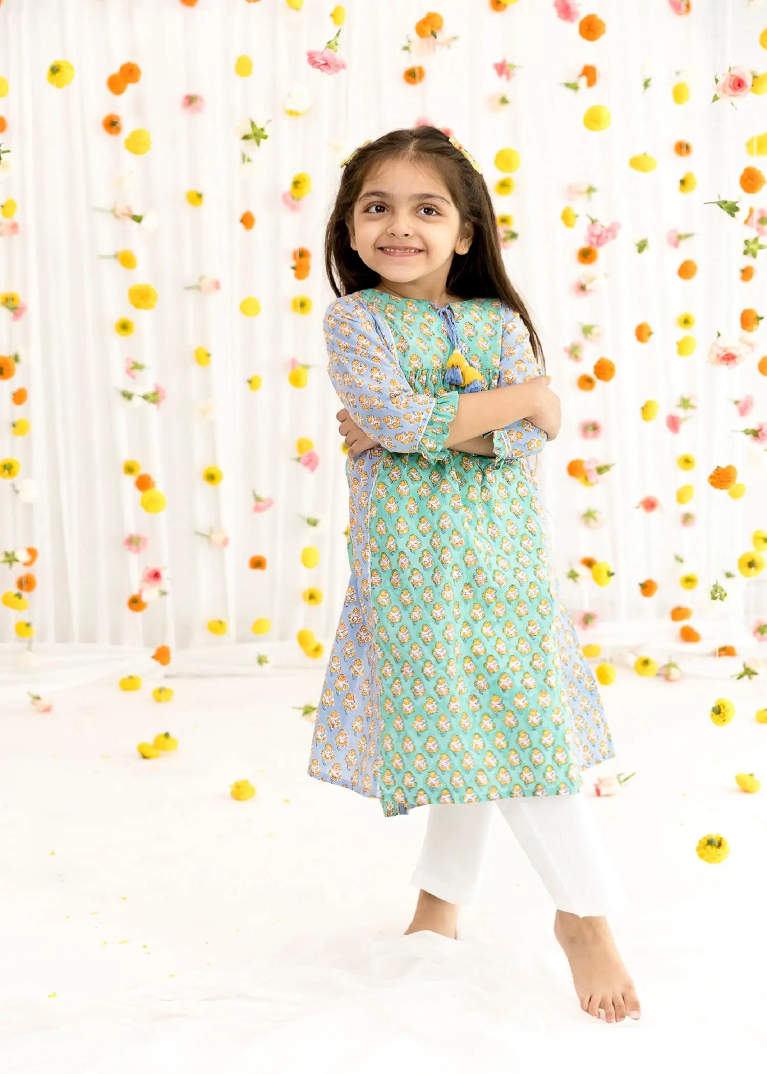 Green/Blue Cotton Vanya Kurta Girls (2-14 Yrs)