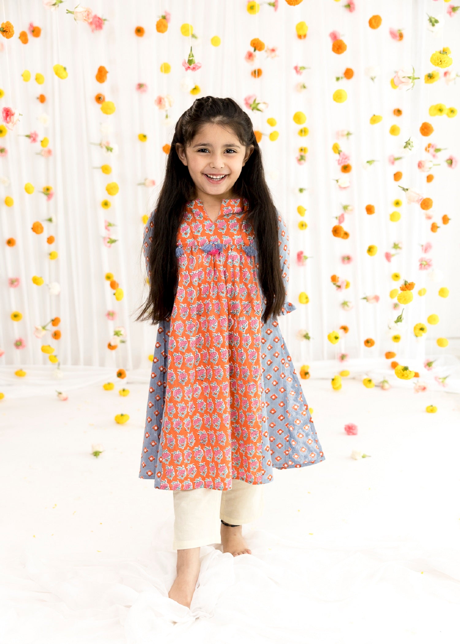 Orange/Blue Cotton Vanya Kurta Girls (2-14 Yrs)