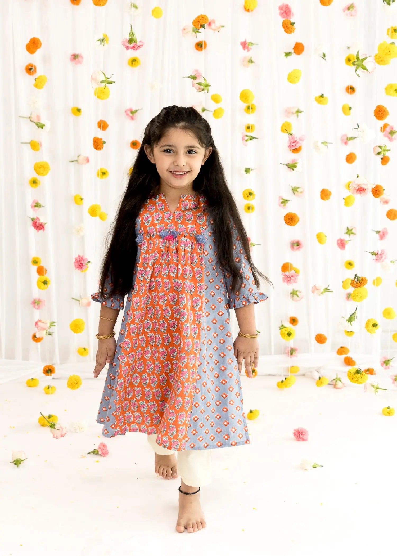 Orange/Blue Cotton Vanya Kurta Girls (2-14 Yrs)