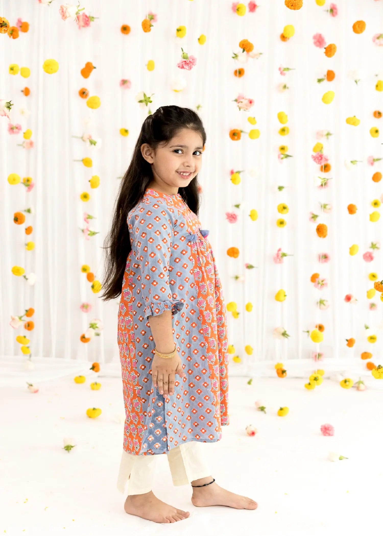 Orange/Blue Cotton Vanya Kurta Girls (2-14 Yrs)