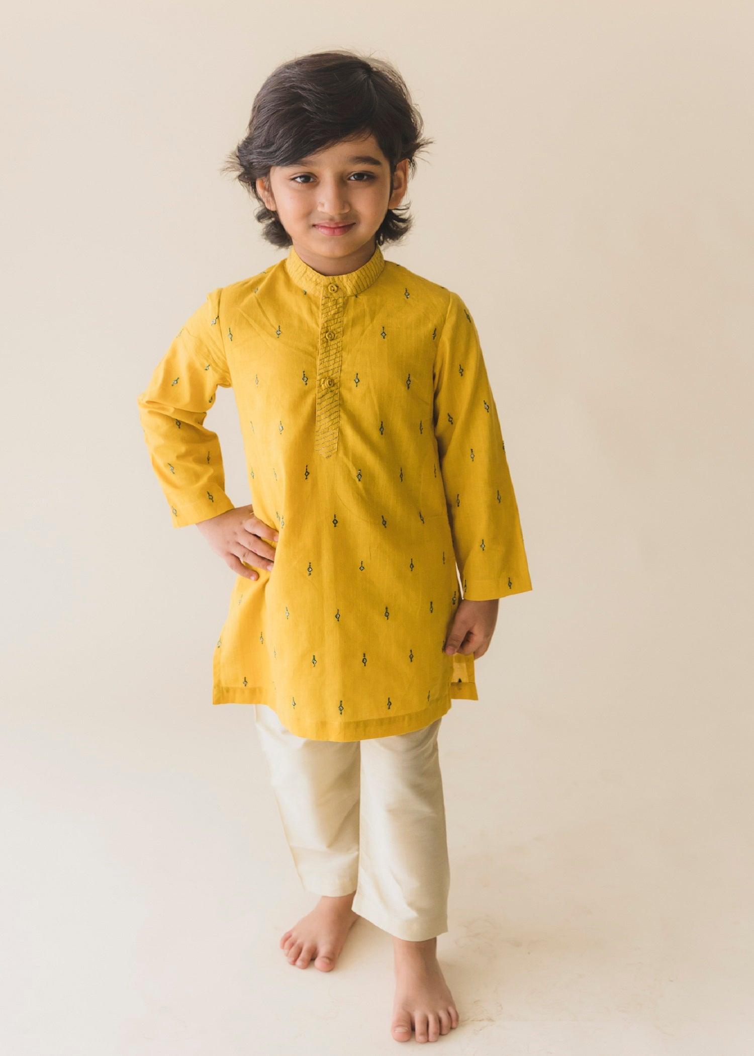 Mustard Cotton Embroidered Kurta Boys (6 Months-14 Yrs)