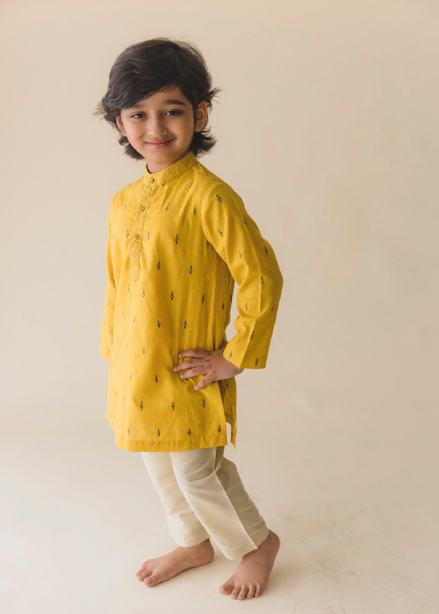 Mustard Cotton Embroidered Kurta Boys (6 Months-14 Yrs)