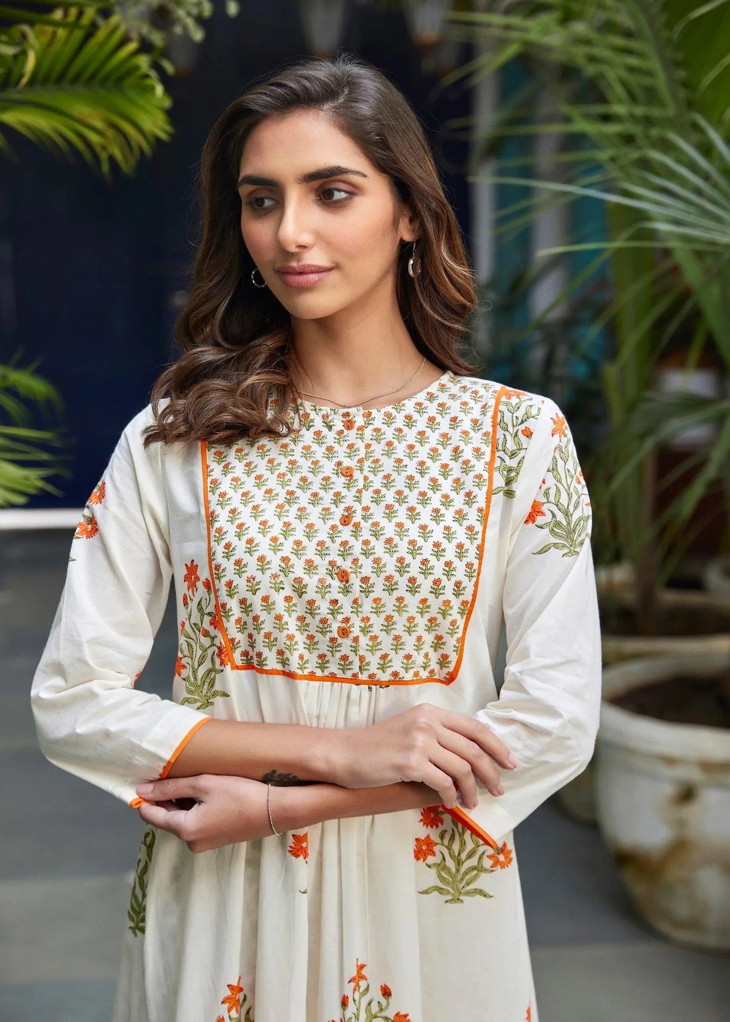 Falak White /Orange Cotton Suit Set