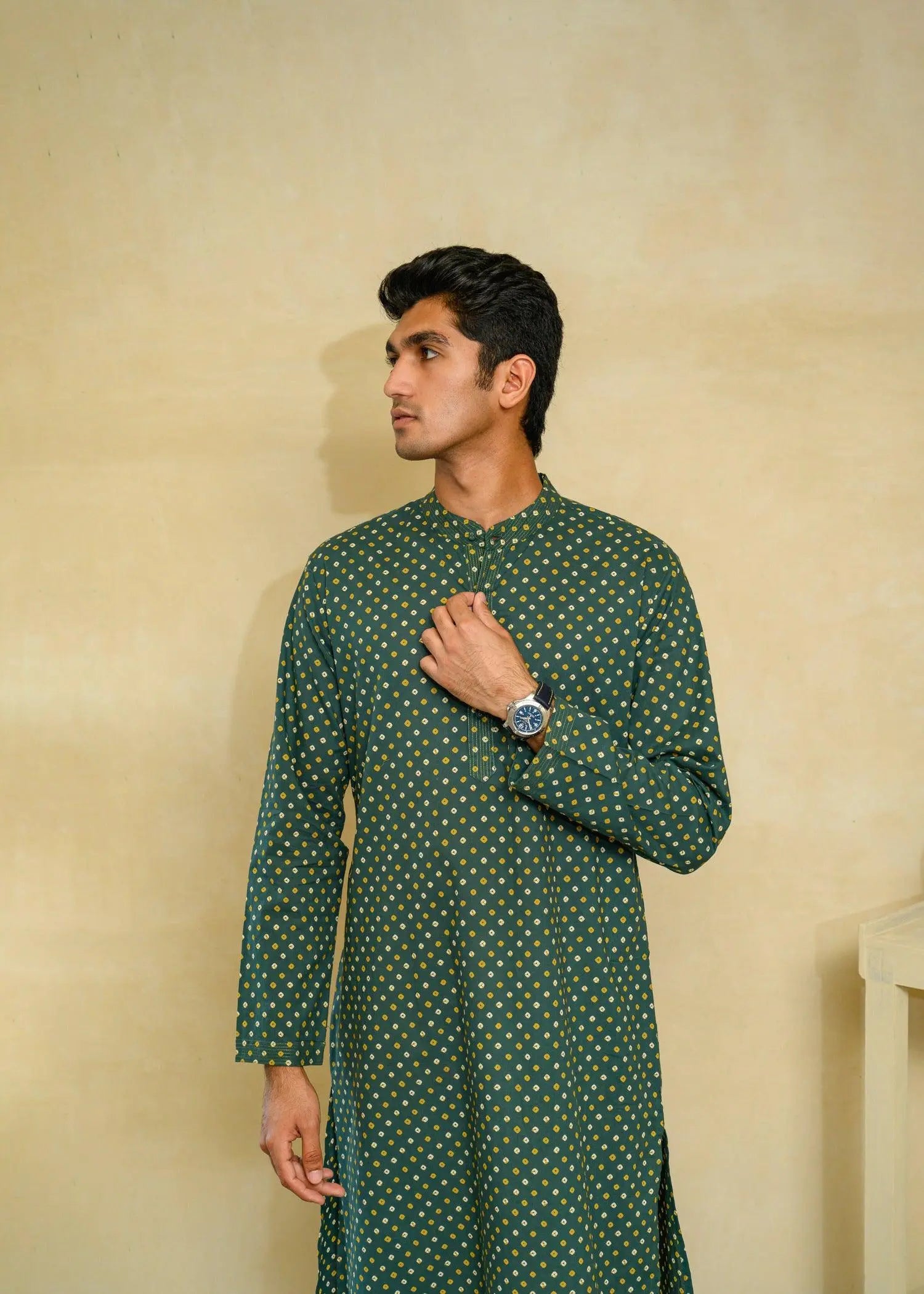 Green Regular Cotton Men's Long Kurta