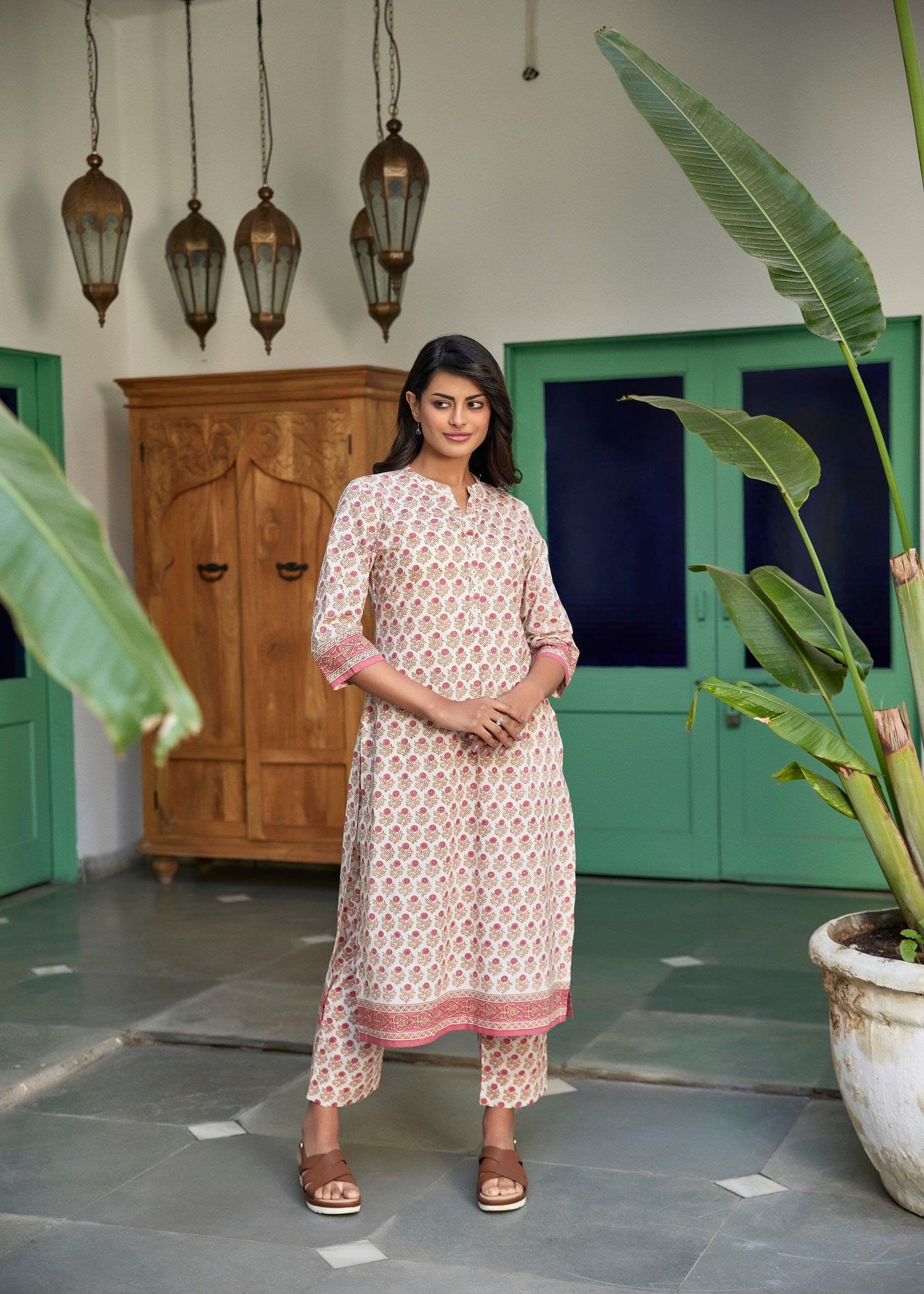 Smiriti Cream/Pink Cotton Straight Kurta