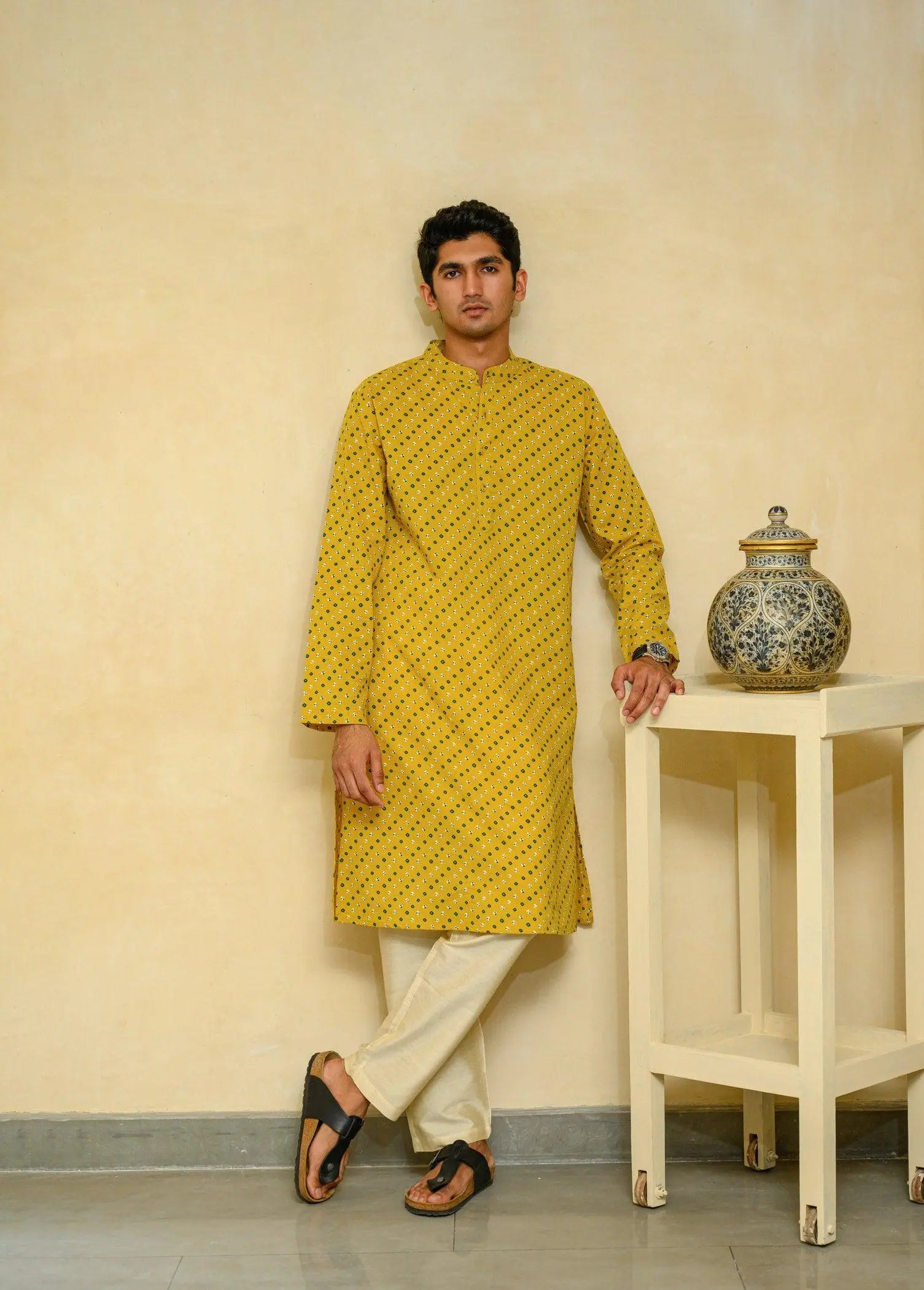 Yellow Regular Cotton Men's Long Kurta