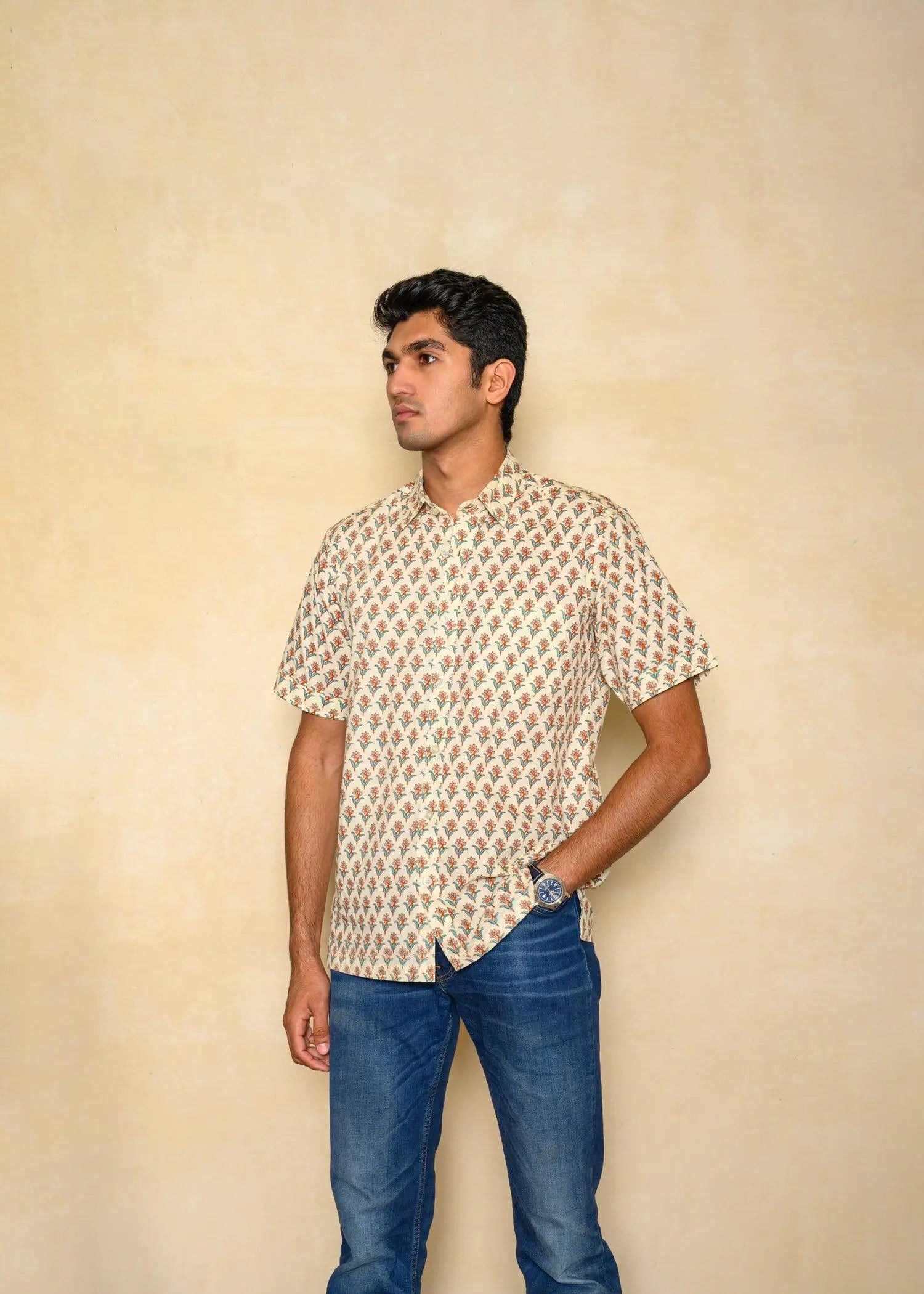 Cream Regular Cotton Half Sleeves Shirt