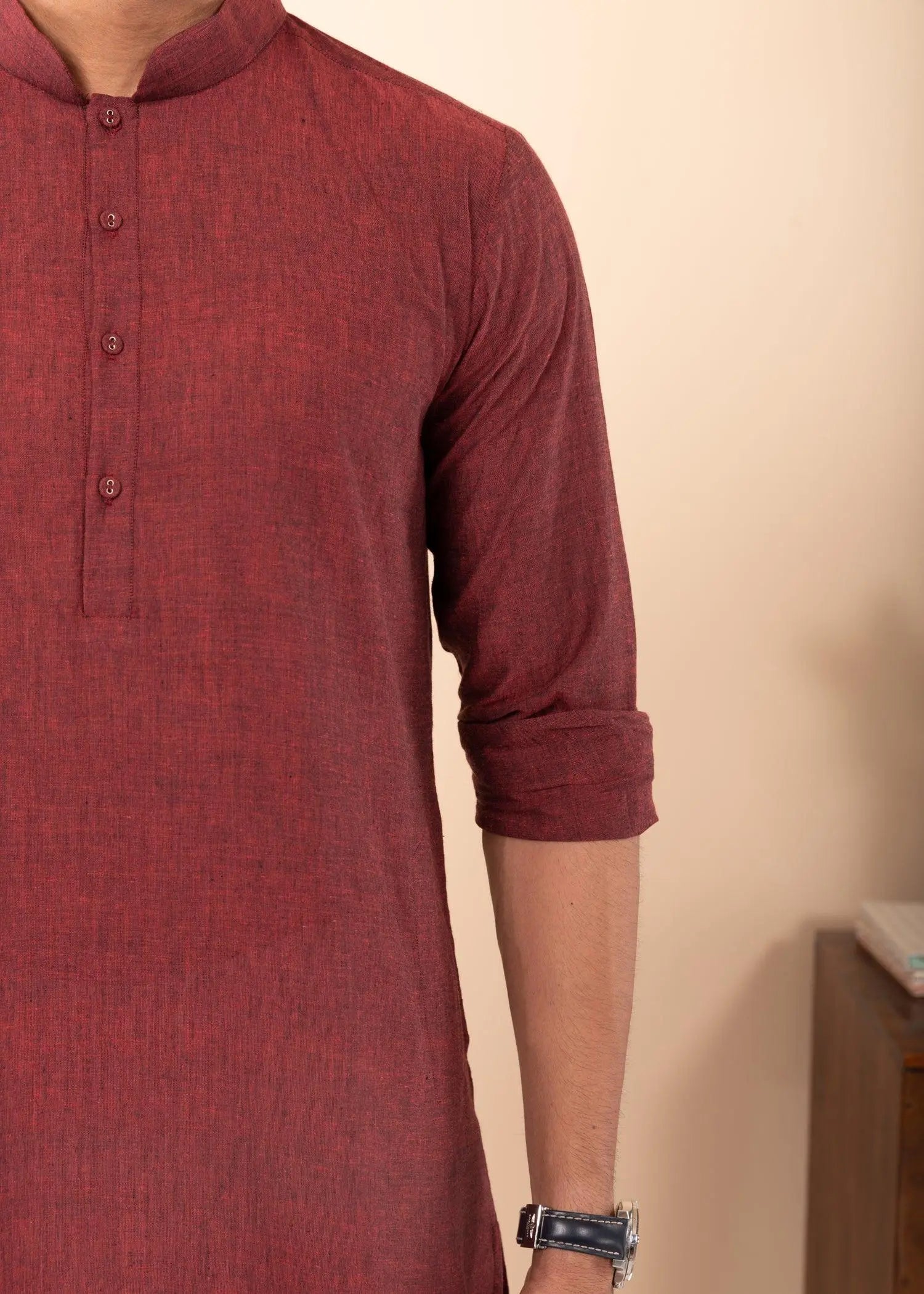 Rust Red Regular Woven Cotton Men's Short Kurta