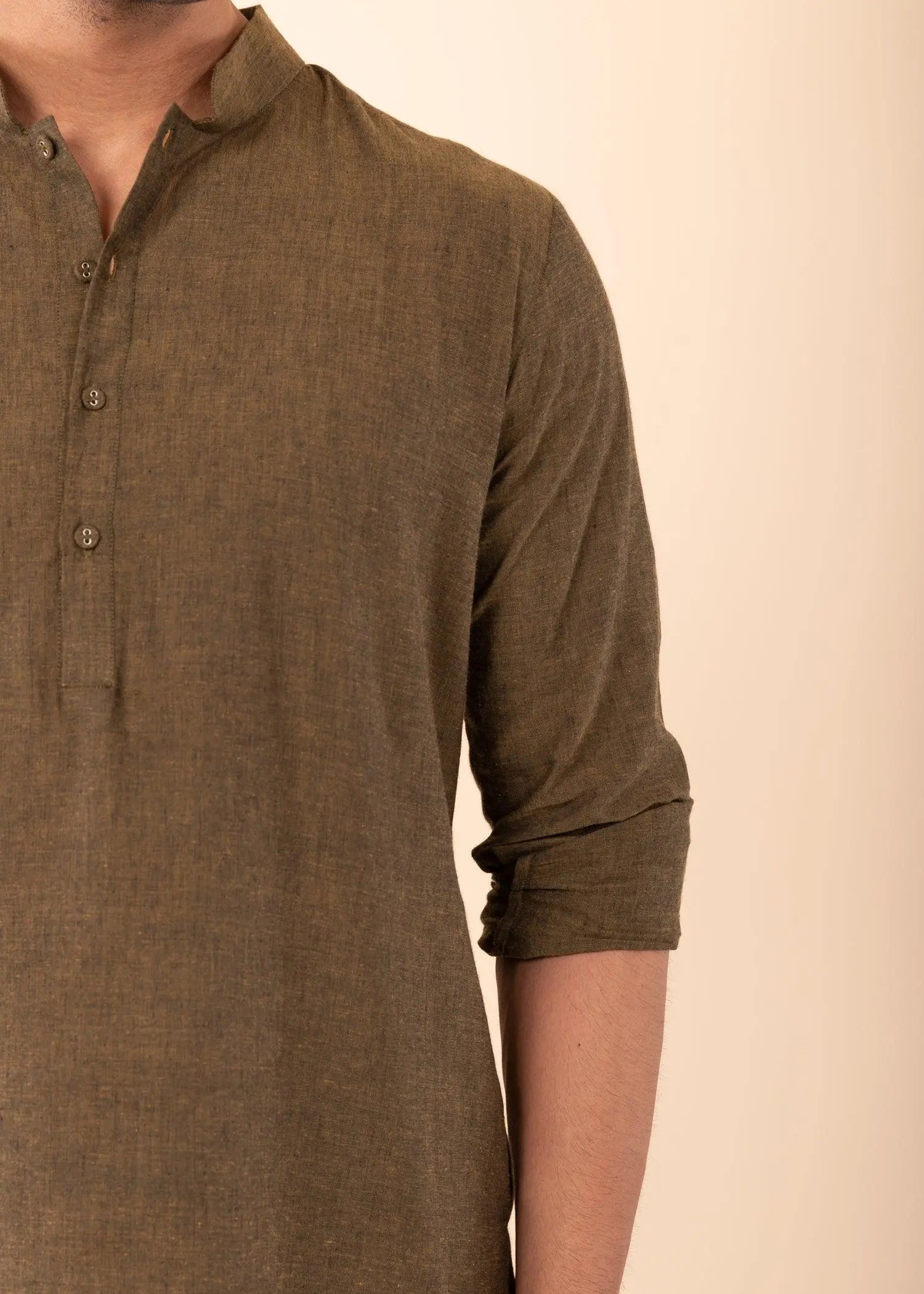 Olive Green Regular Woven Cotton Men's Short Kurta