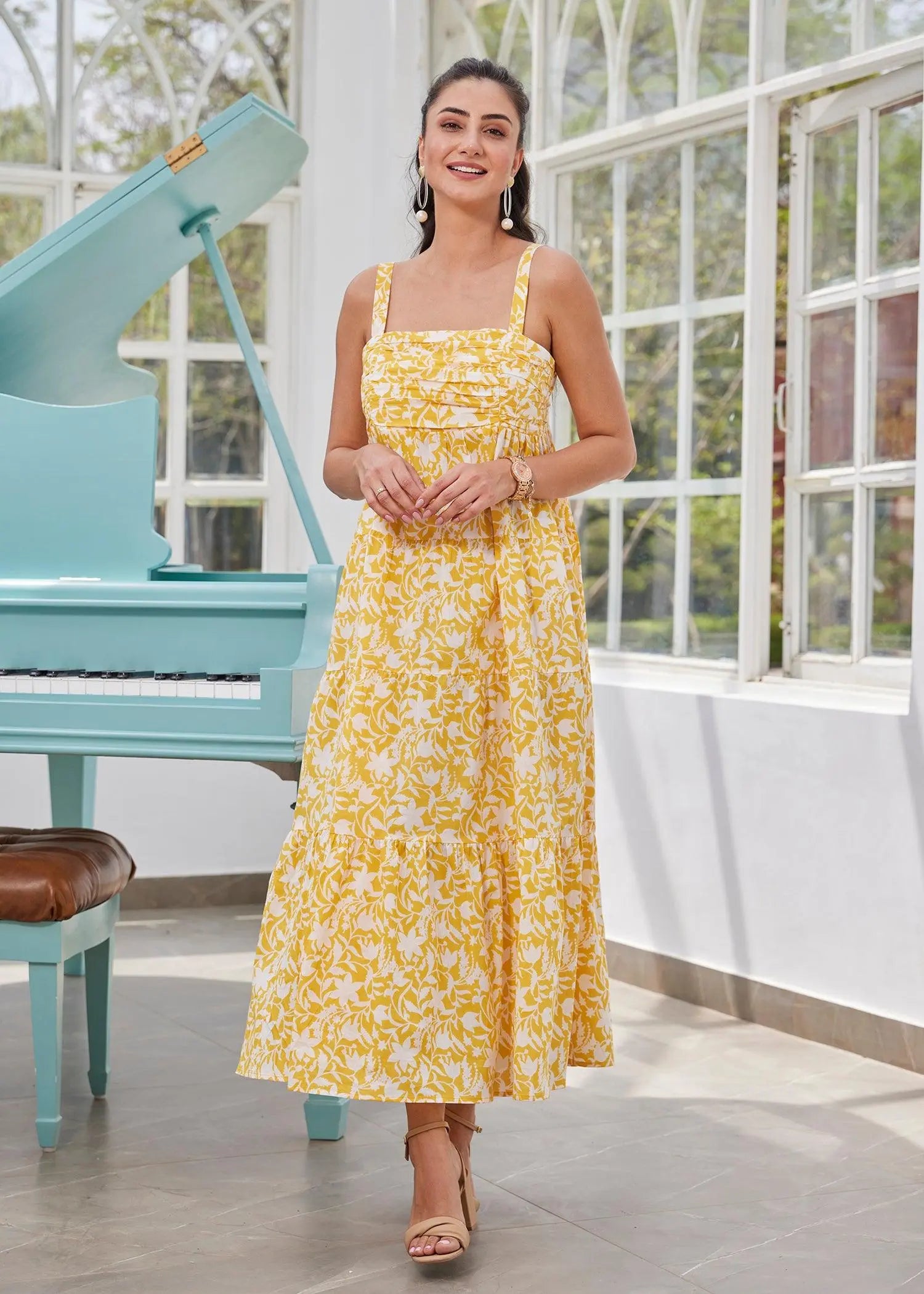 Mimosa Yellow Semi Flared Cotton Square Neck Maxi Dress