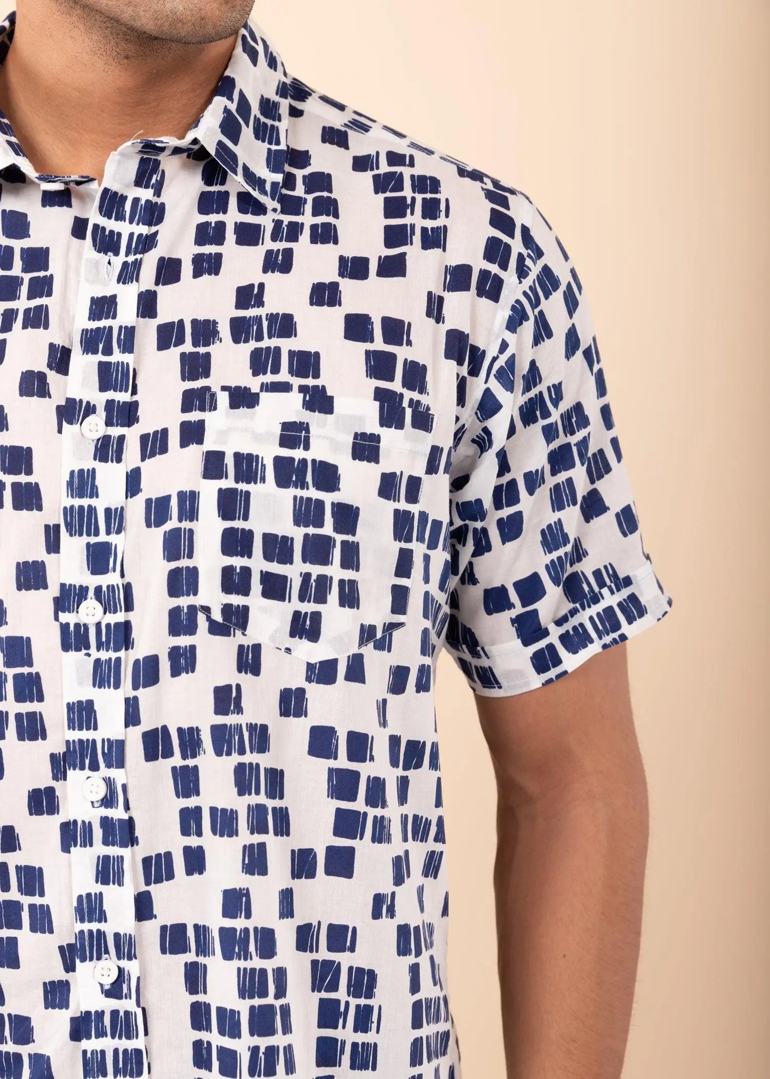 White & Navy Regular Cotton Half Sleeves Shirt