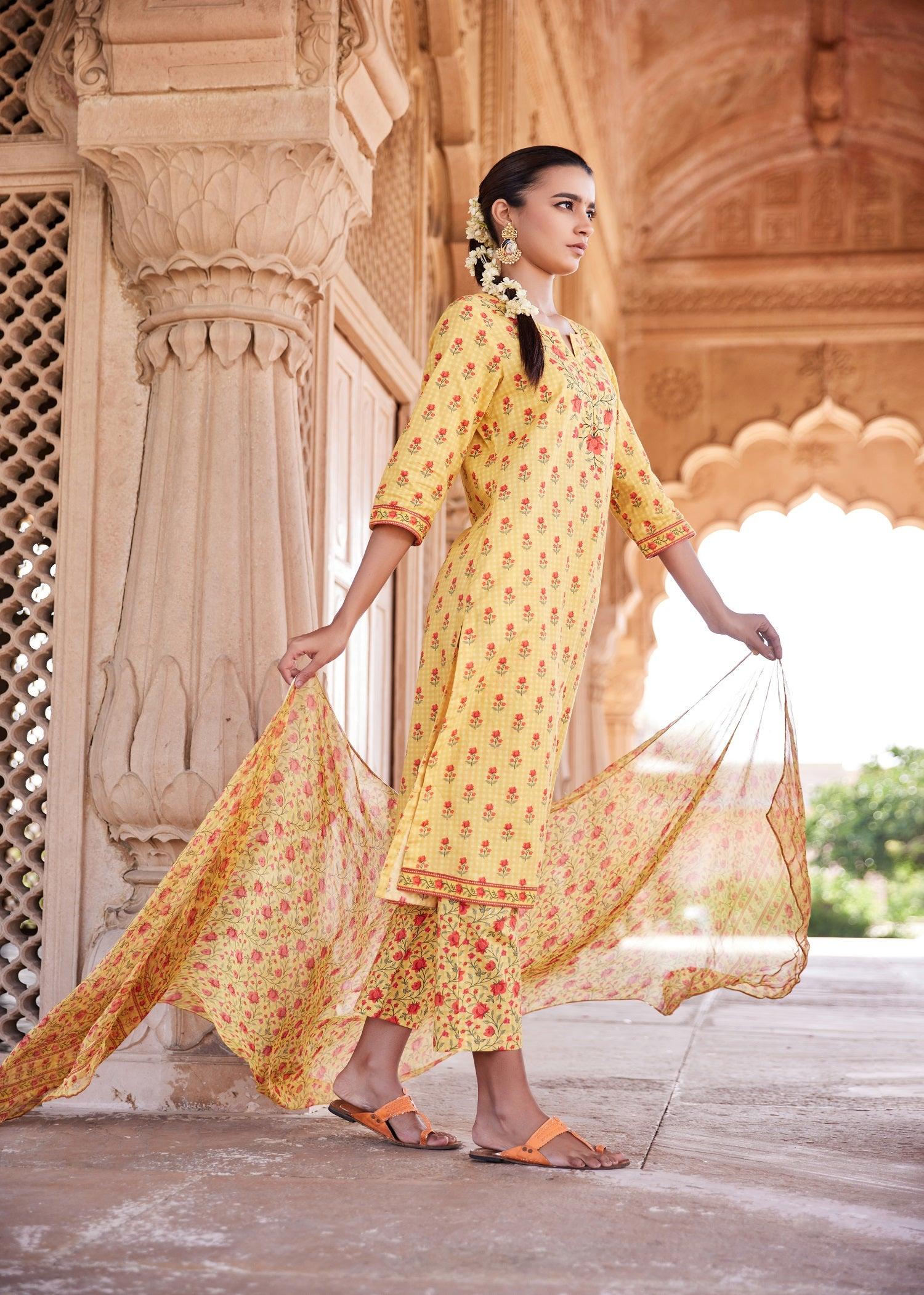 Rangrez Yellow Color Calf Length Classic Long  Cotton Kurta