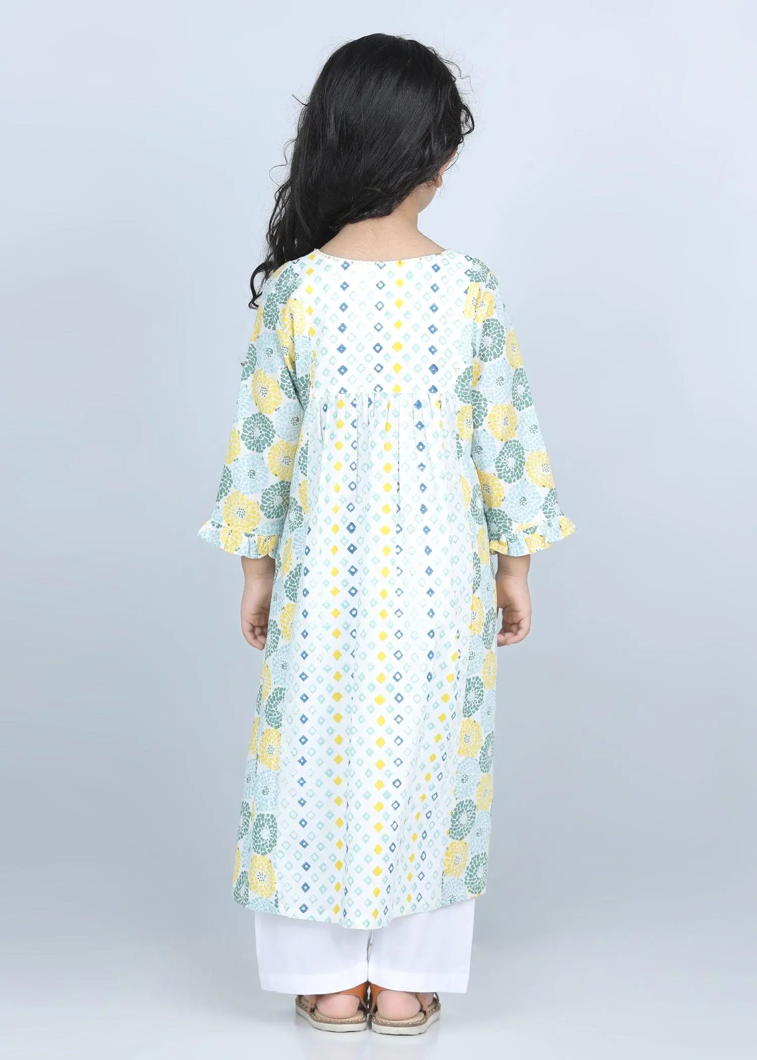 Diamond/Floral Blue Cotton Vanya Kurta Girls (2-14 Yrs)