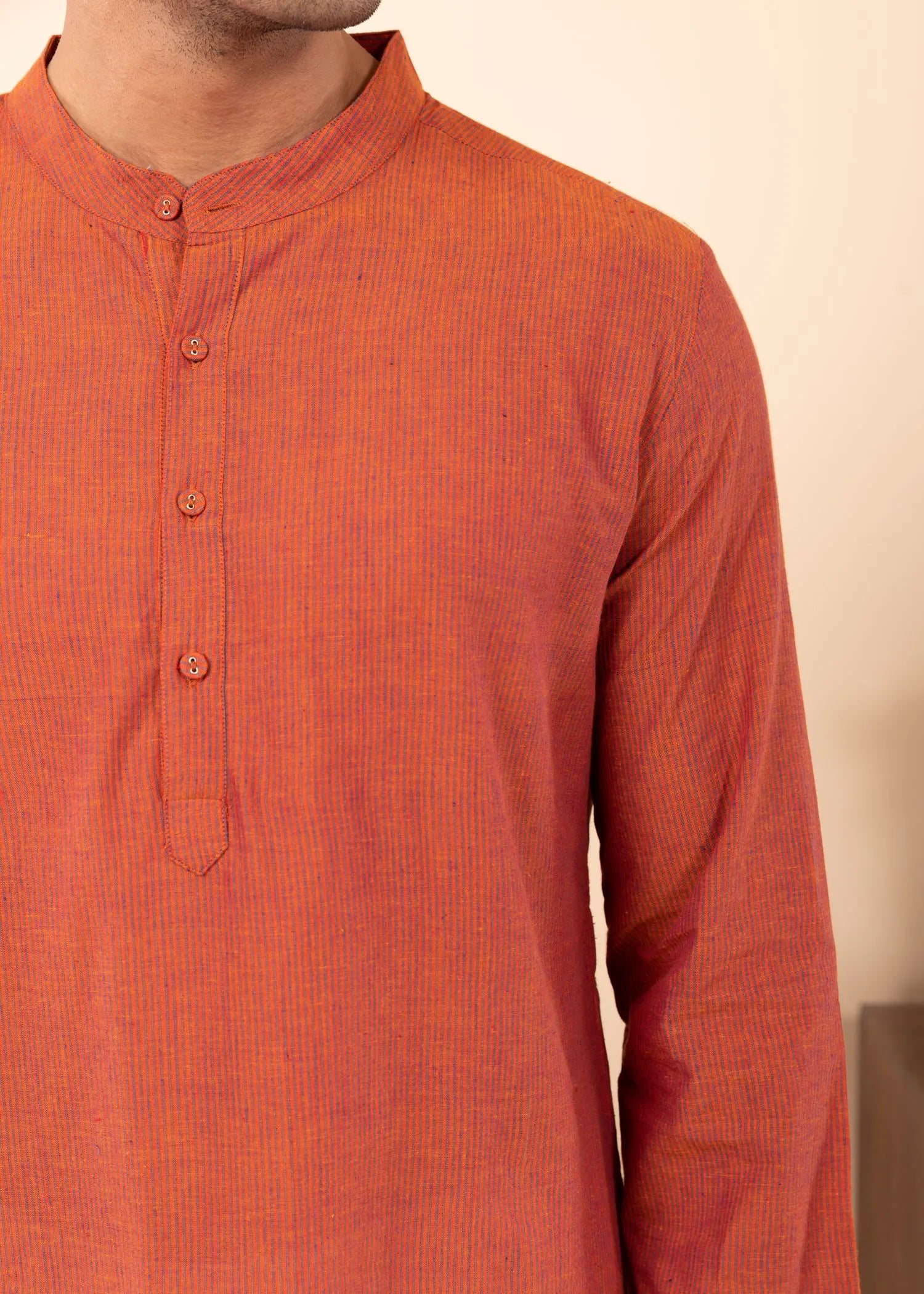 Orange Regular Woven Cotton Full Sleeve Chinese Collar Long Kurta