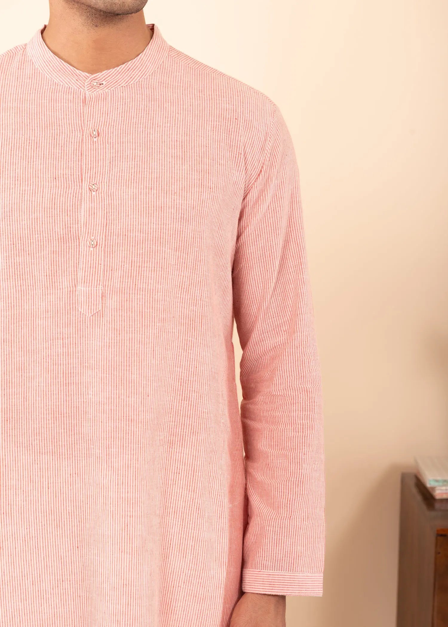 Pink Regular Woven Cotton Full Sleeve Chinese Collar Long Kurta