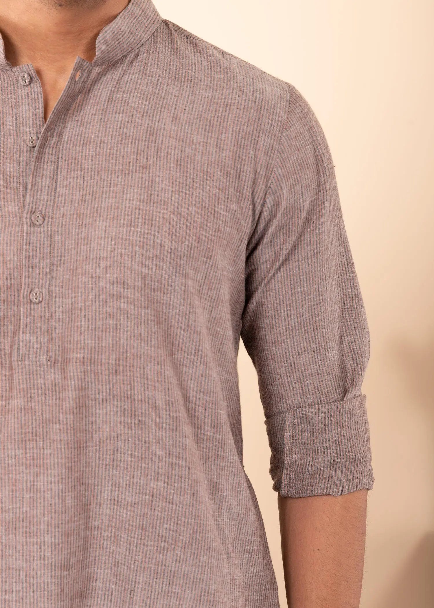 Dark Beige Regular Woven Cotton Men's Short Kurta