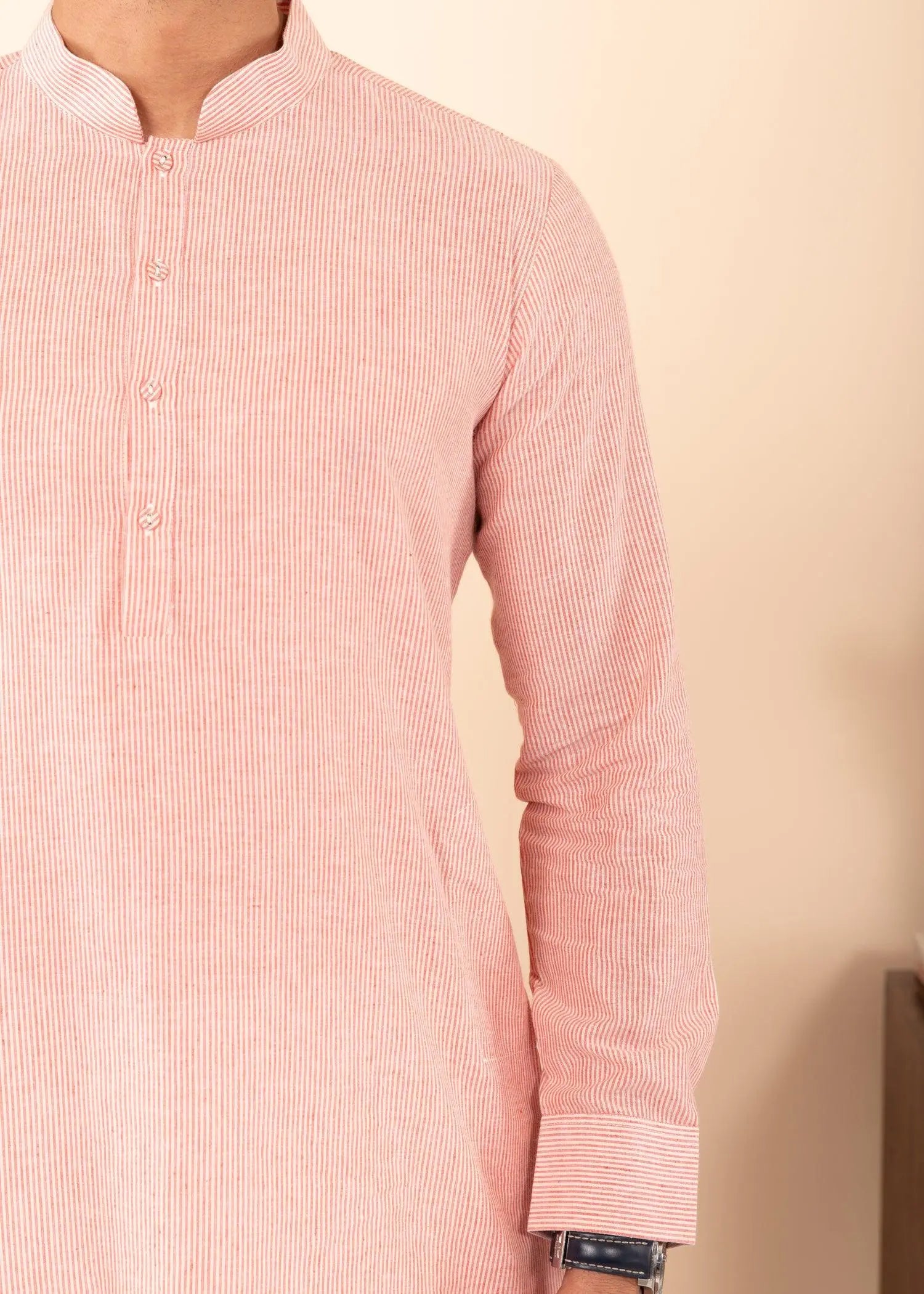 Pink Regular Woven Cotton Men's Short Kurta